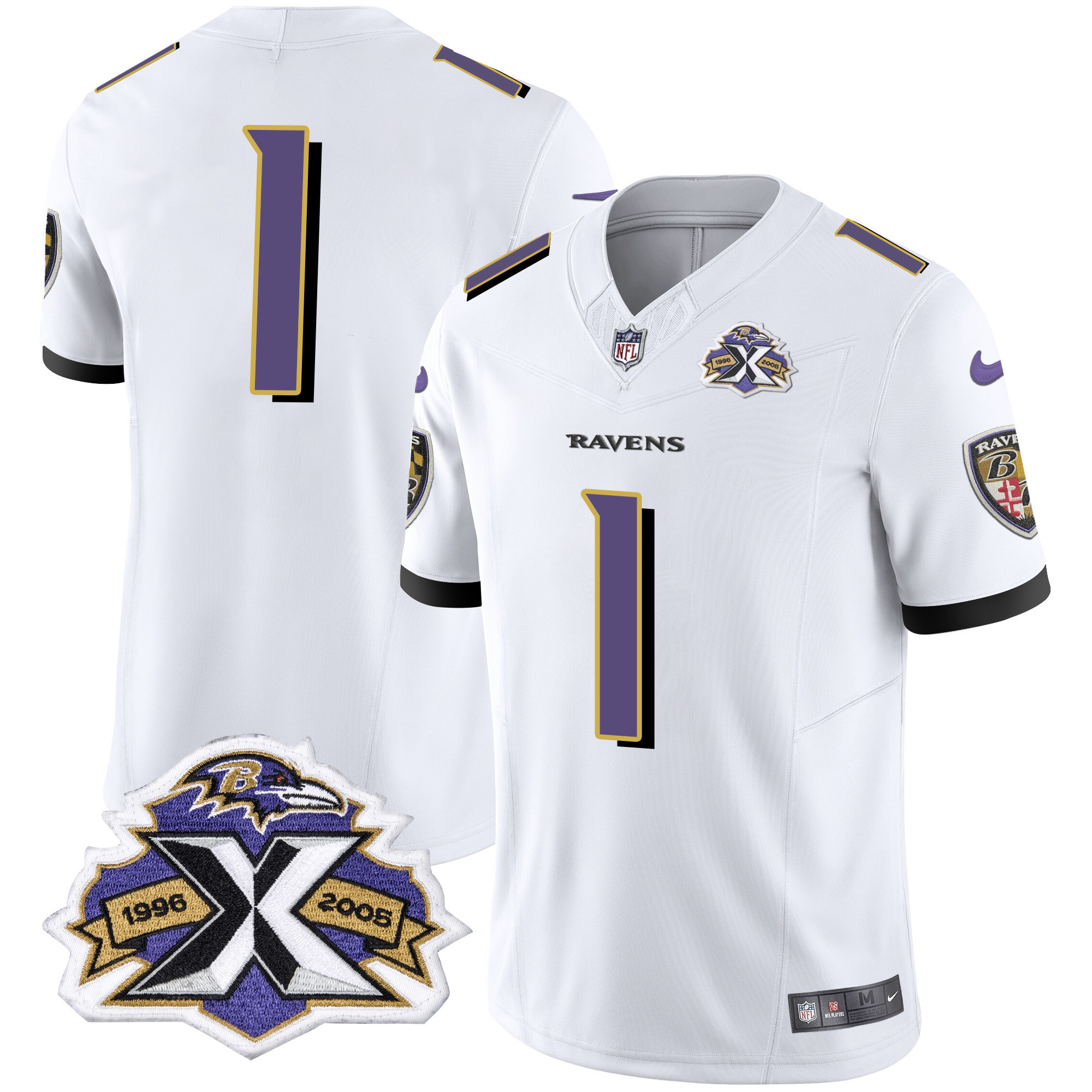 #1 Team Men's Baltimore Ravens 2005 Throwback Black Vapor Limited White Jersey All Stitched