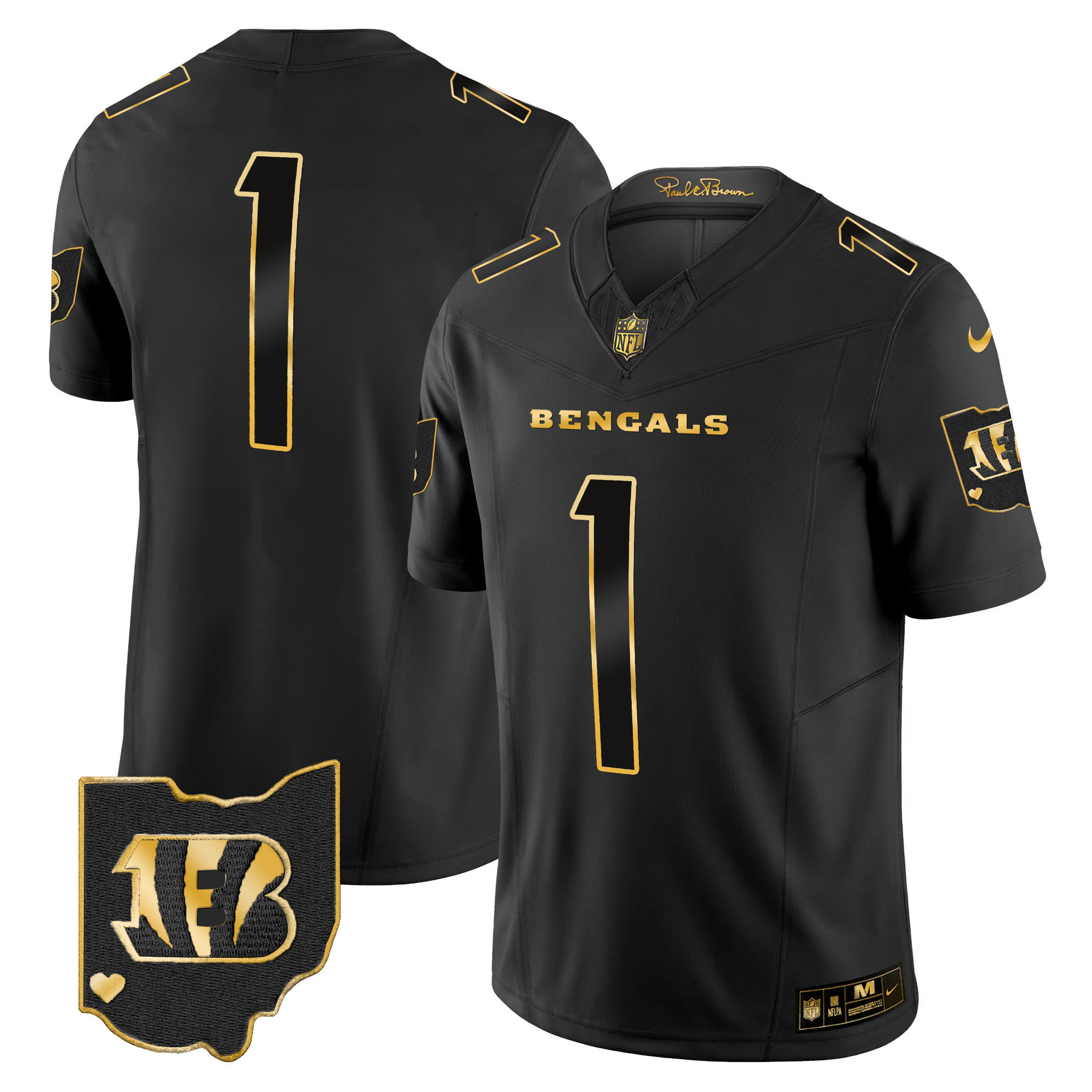 #1 Team Men's Cincinnati Bengals Ohio Patch Gold Vapor Limited Black Gold Jersey - All Stitched 