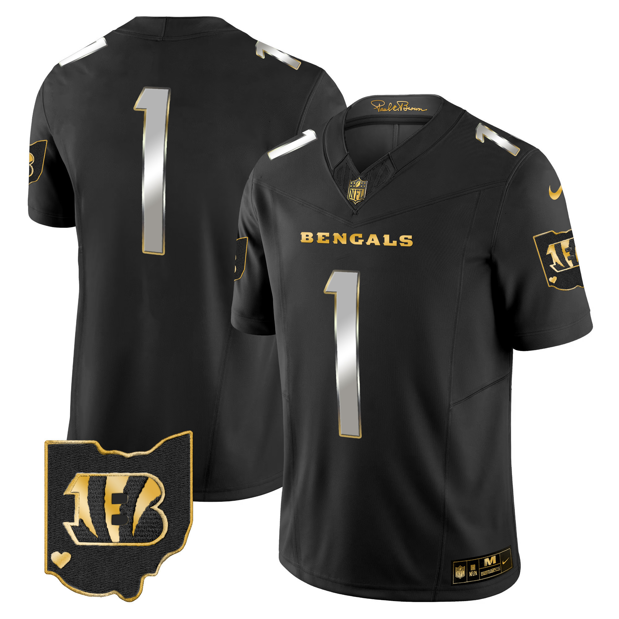 #1 Team Men's Cincinnati Bengals Ohio Patch Gold Vapor Limited Black Limited Jersey - All Stitched 