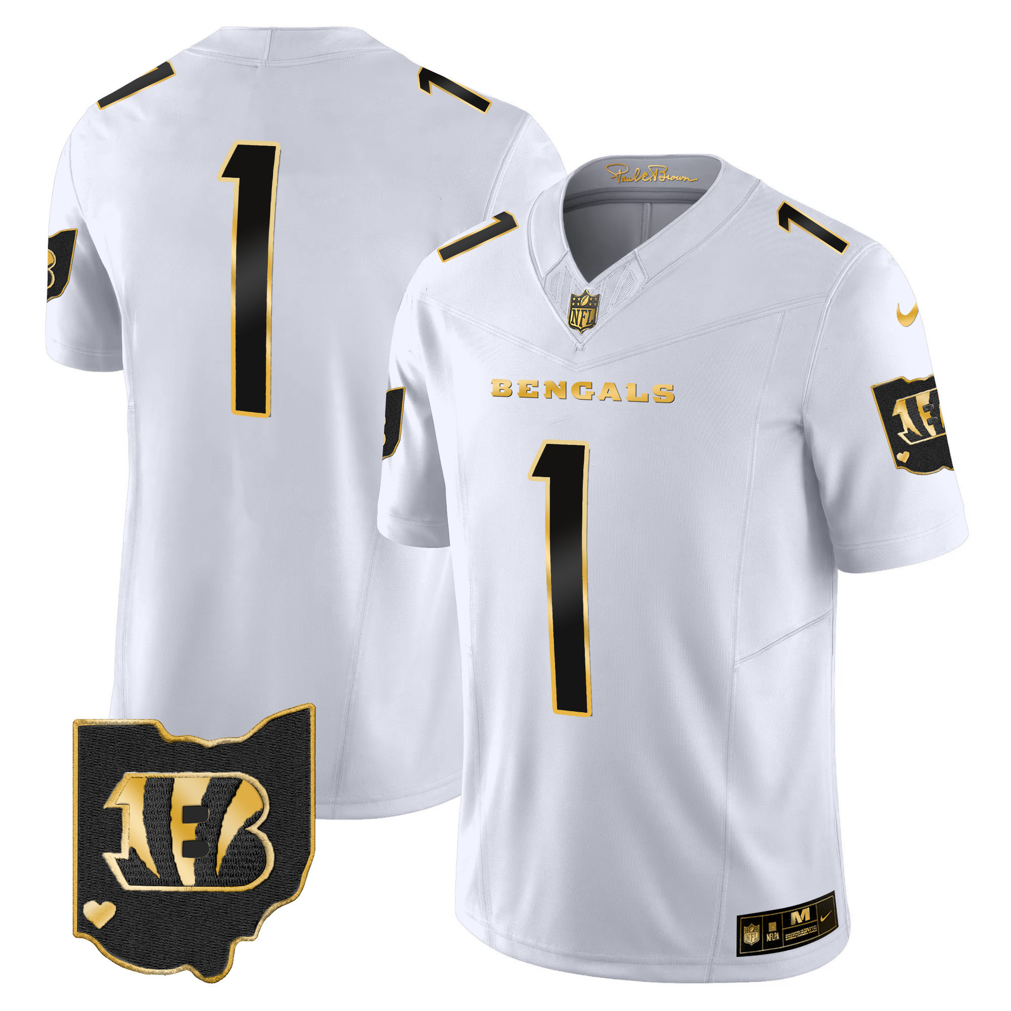 #1 Team Men's Cincinnati Bengals Ohio Patch Gold Vapor Limited White Gold Jersey - All Stitched 