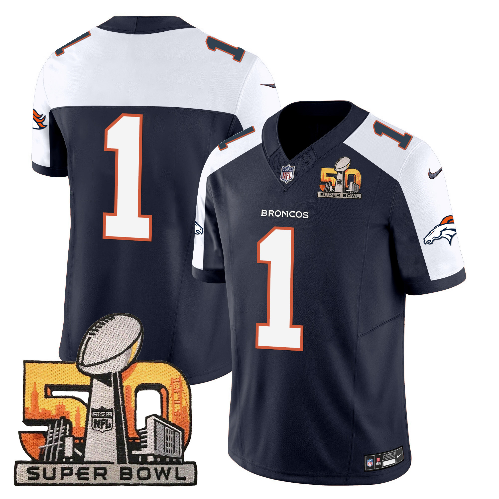 #1 Team Men's Denver Broncos Super Bowl 50 Patch Vapor Navy Alternate Jersey - All Stitched 