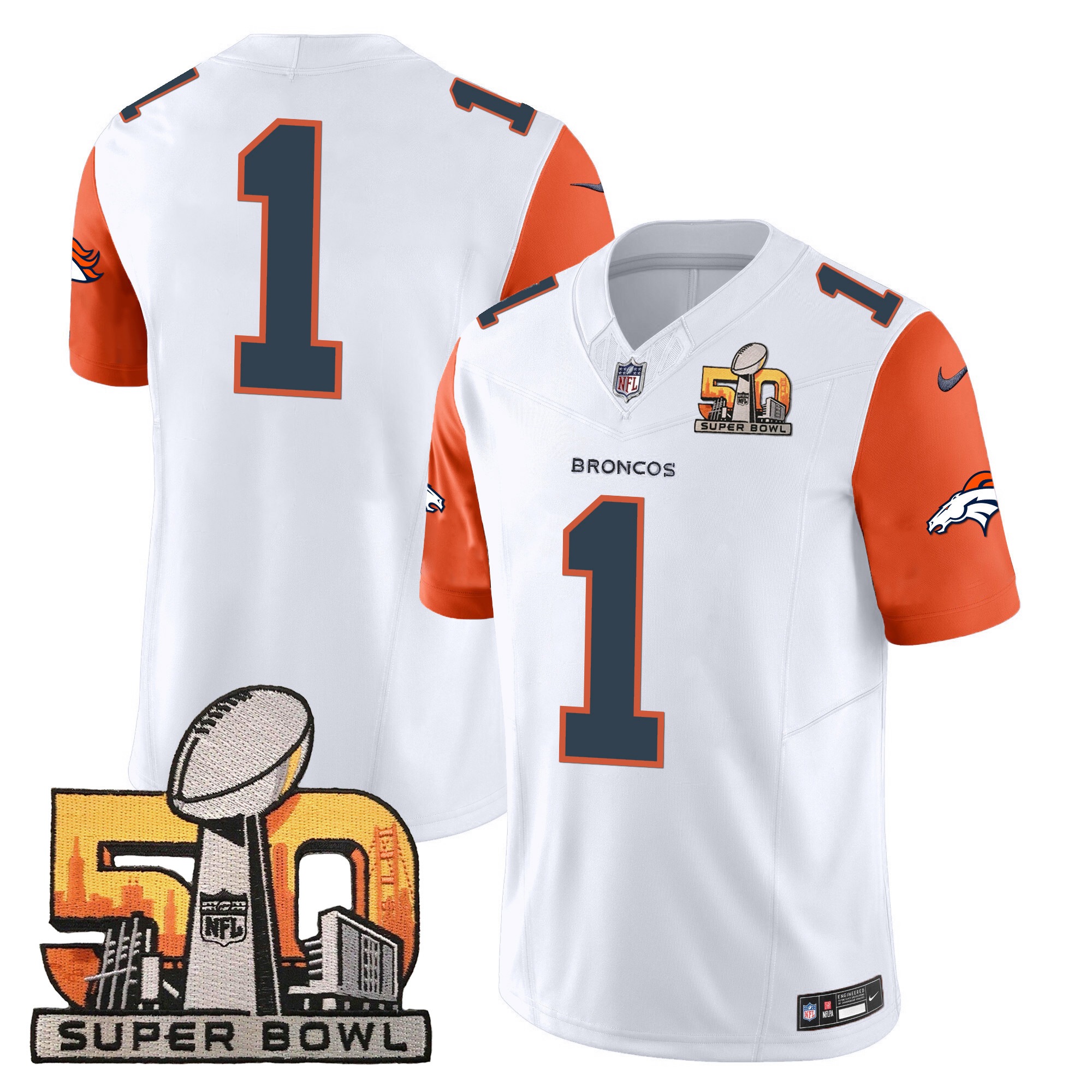 #1 Team Men's Denver Broncos Super Bowl 50 Patch Vapor Orange Sleeves Jersey - All Stitched 