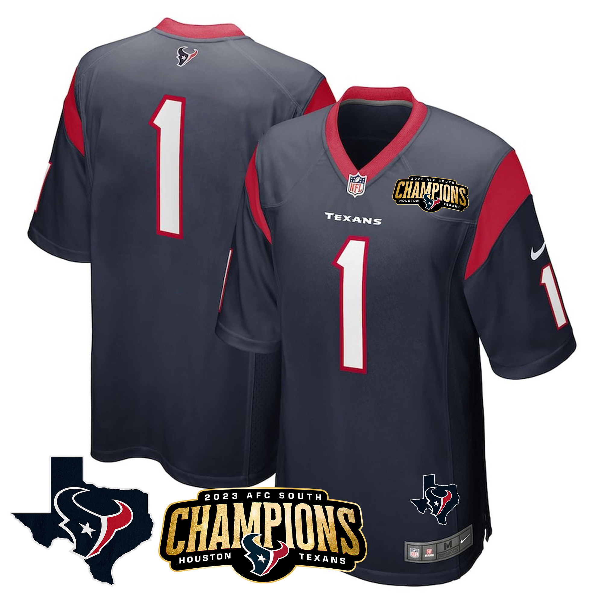 #1 Team Men's Houston Texans 2023 AFC South Champions Patch Game Navy Jersey - All Stitched 