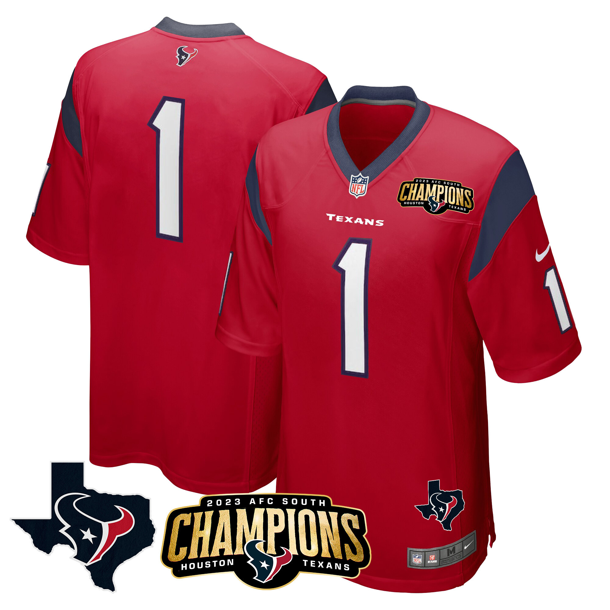 #1 Team Men's Houston Texans 2023 AFC South Champions Patch Game Red Jersey - All Stitched 