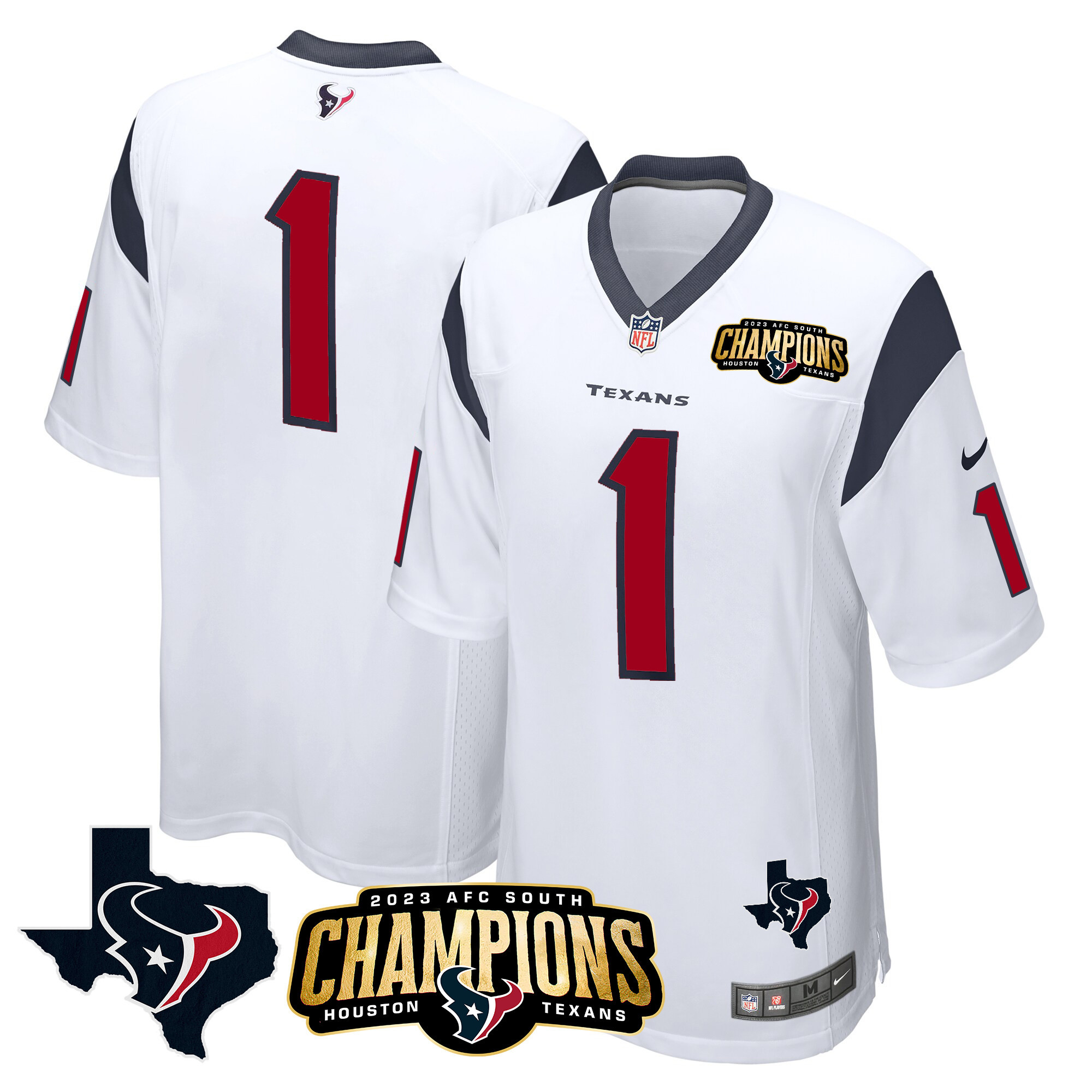 #1 Team Men's Houston Texans 2023 AFC South Champions Patch Game White Jersey - All Stitched 