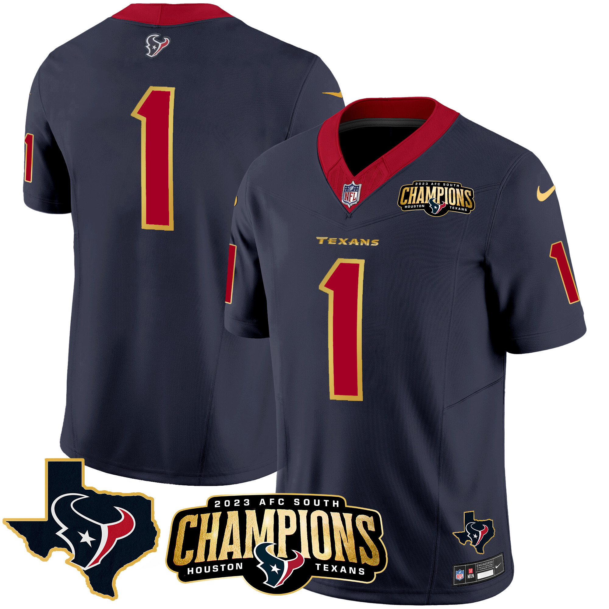#1 Team Men's Houston Texans 2023 AFC South Champions Patch Gold Trim Vapor Navy Jersey - All Stitched 