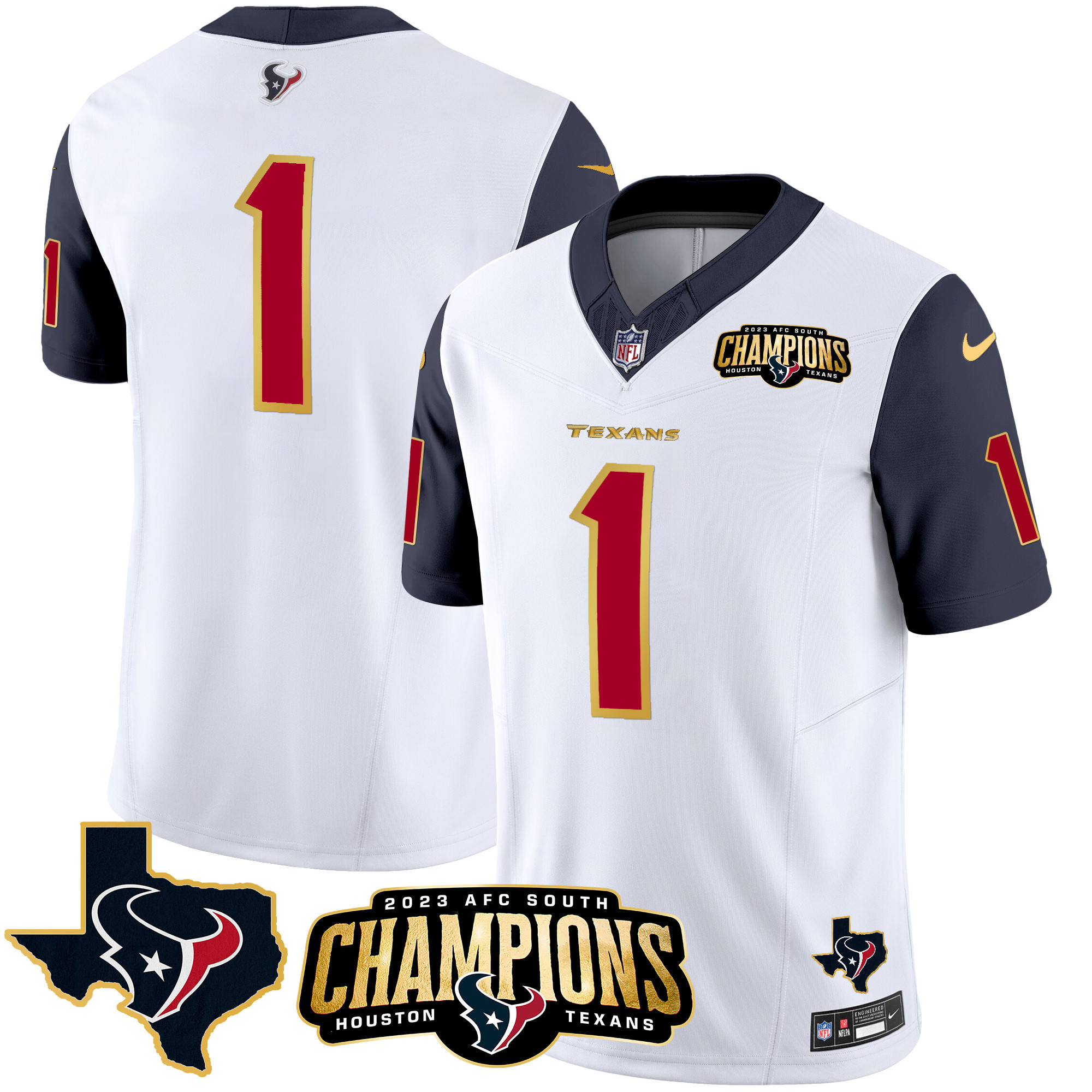 #1 Team Men's Houston Texans 2023 AFC South Champions Patch Gold Trim Vapor Navy Sleeves Jersey - All Stitched 