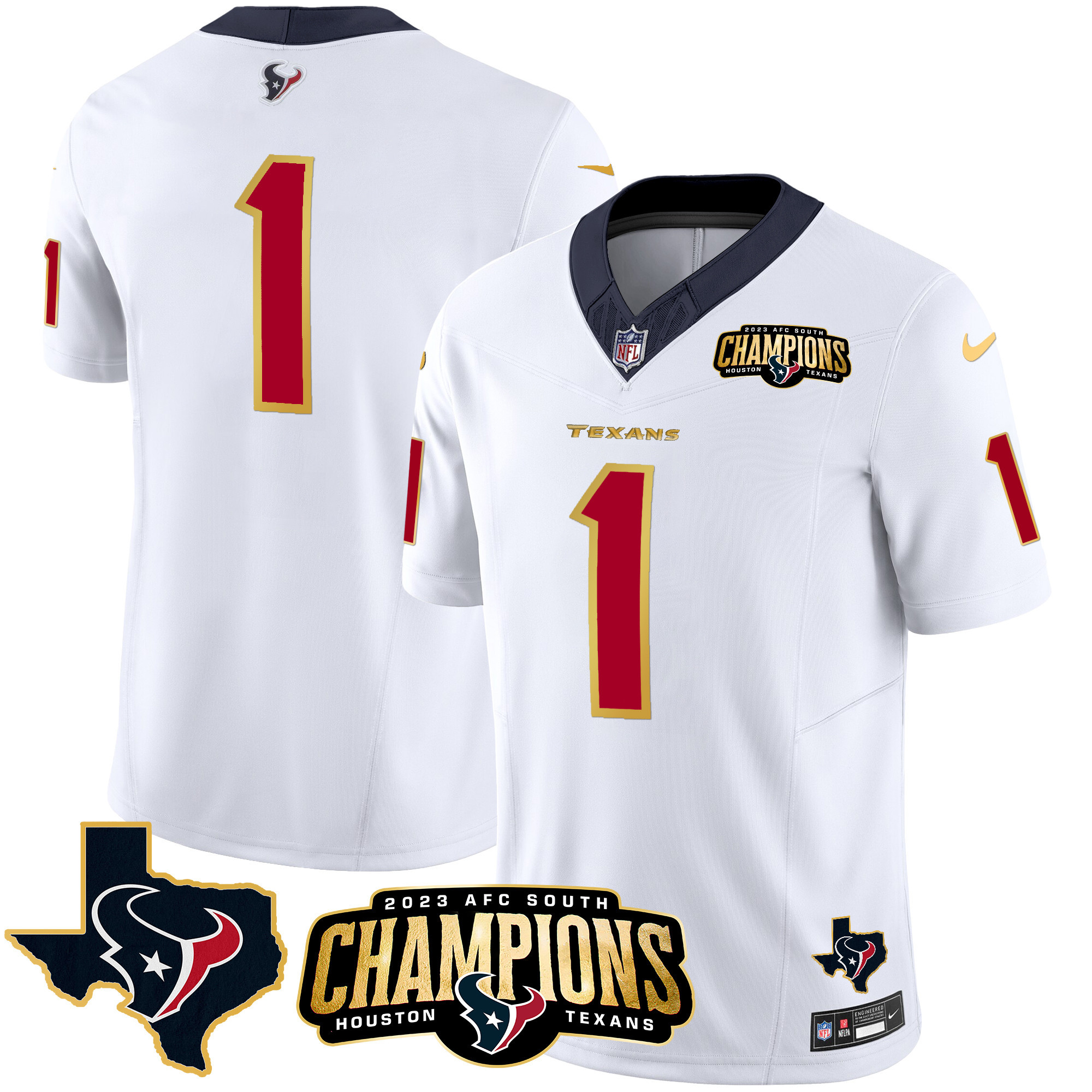 #1 Team Men's Houston Texans 2023 AFC South Champions Patch Gold Trim Vapor White Jersey - All Stitched 