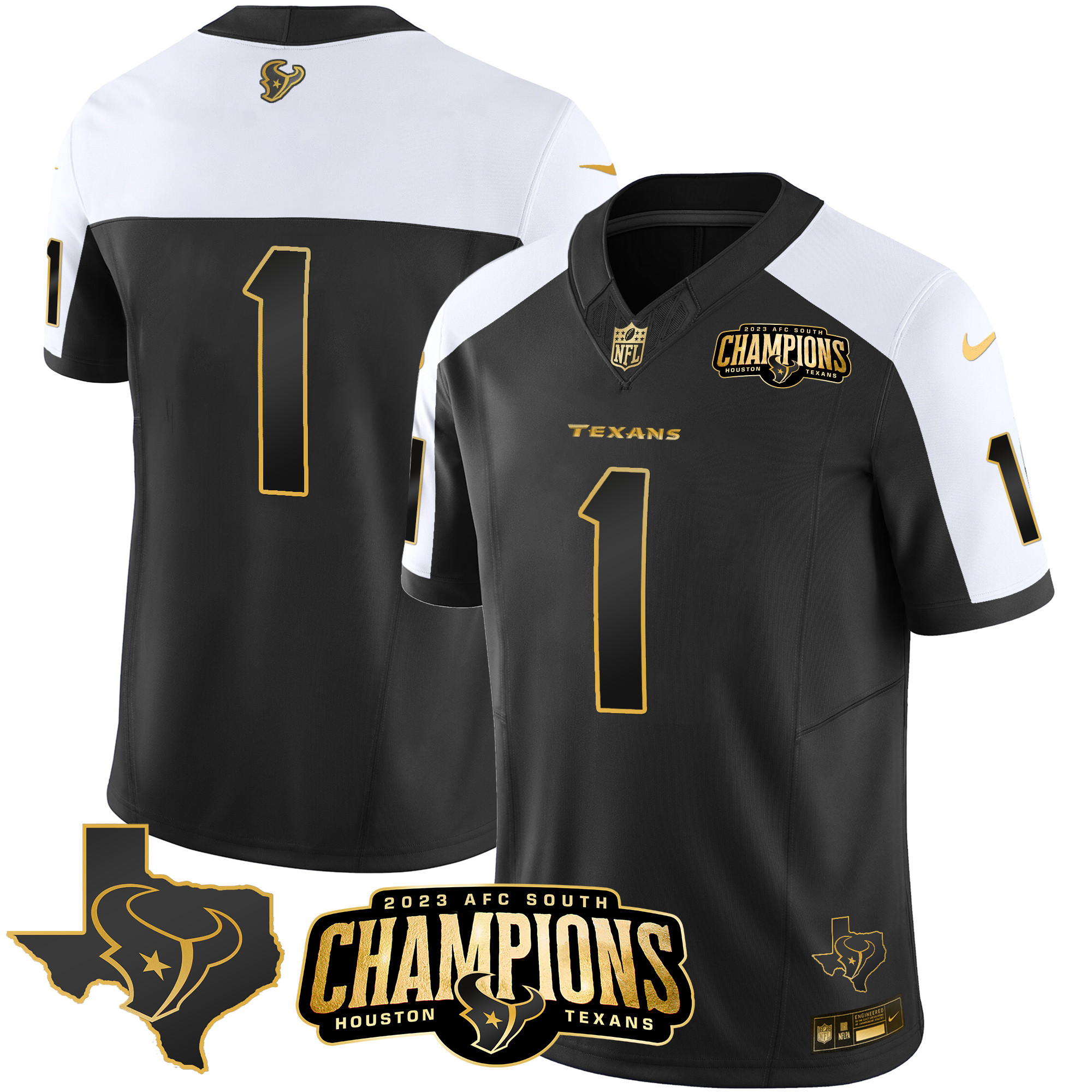 #1 Team Men's Houston Texans 2023 AFC South Champions Patch Gold Vapor Alternate Gold Jersey - All Stitched 