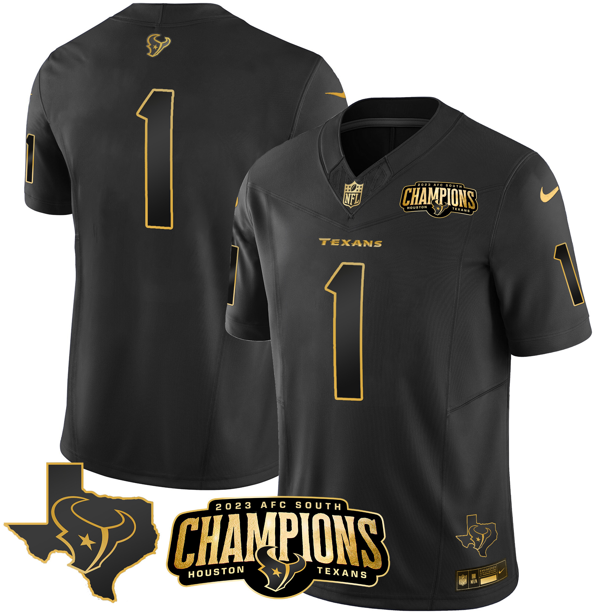 #1 Team Men's Houston Texans 2023 AFC South Champions Patch Gold Vapor Black Gold Jersey - All Stitched 