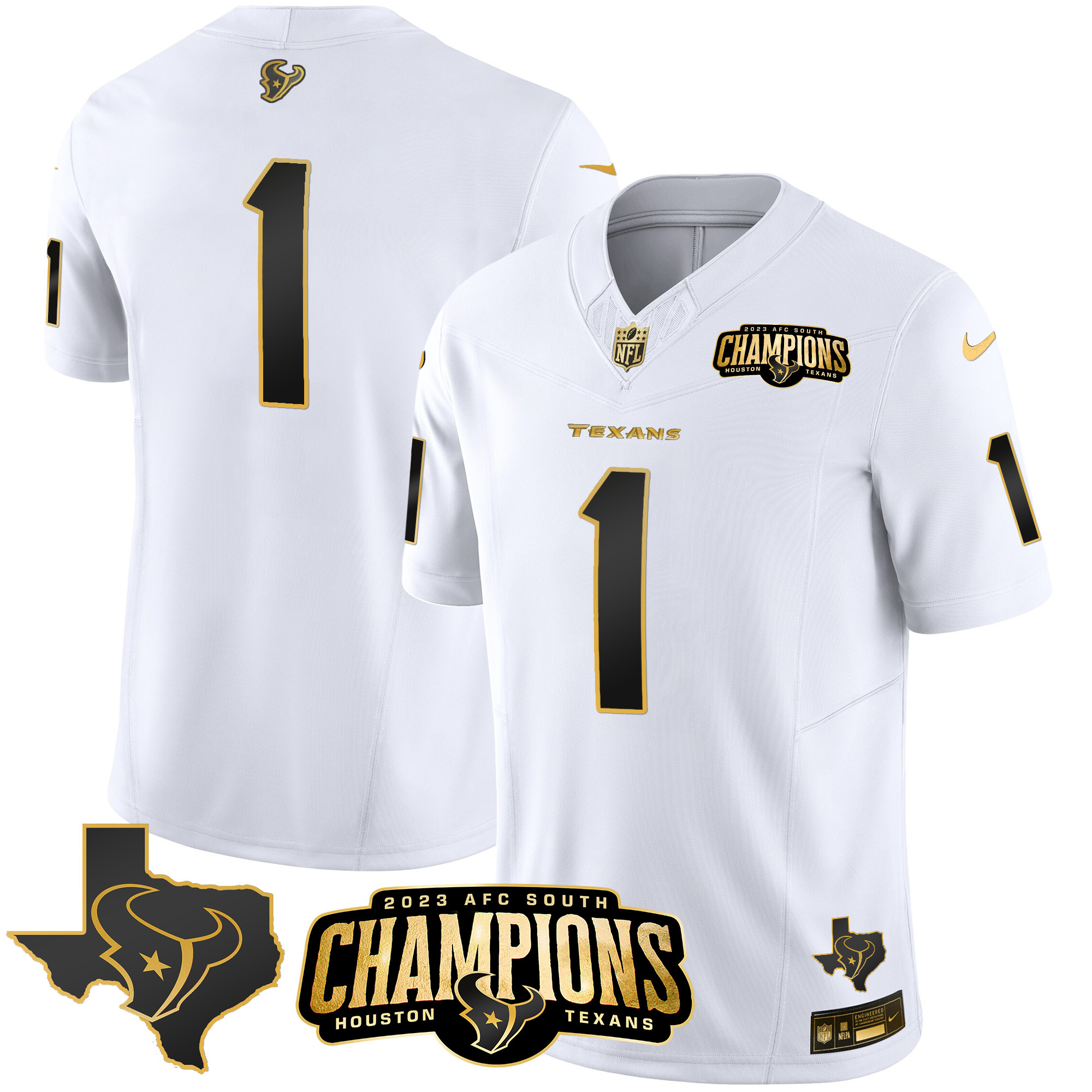 #1 Team Men's Houston Texans 2023 AFC South Champions Patch Gold Vapor White Gold Jersey - All Stitched 