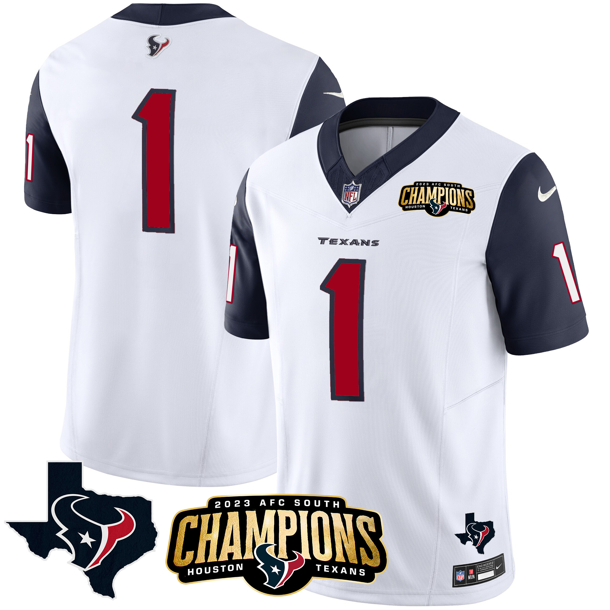 #1 Team Men's Houston Texans 2023 AFC South Champions Patch Vapor Navy Sleeves Jersey - All Stitched 