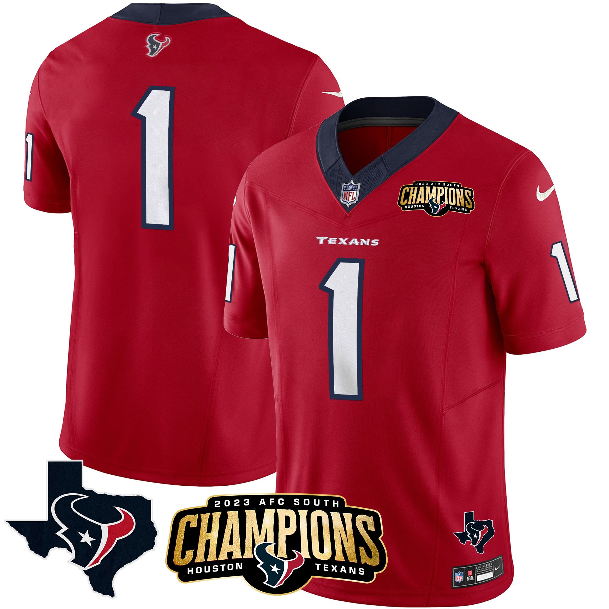 #1 Team Men's Houston Texans 2023 AFC South Champions Patch Vapor Red Jersey - All Stitched 