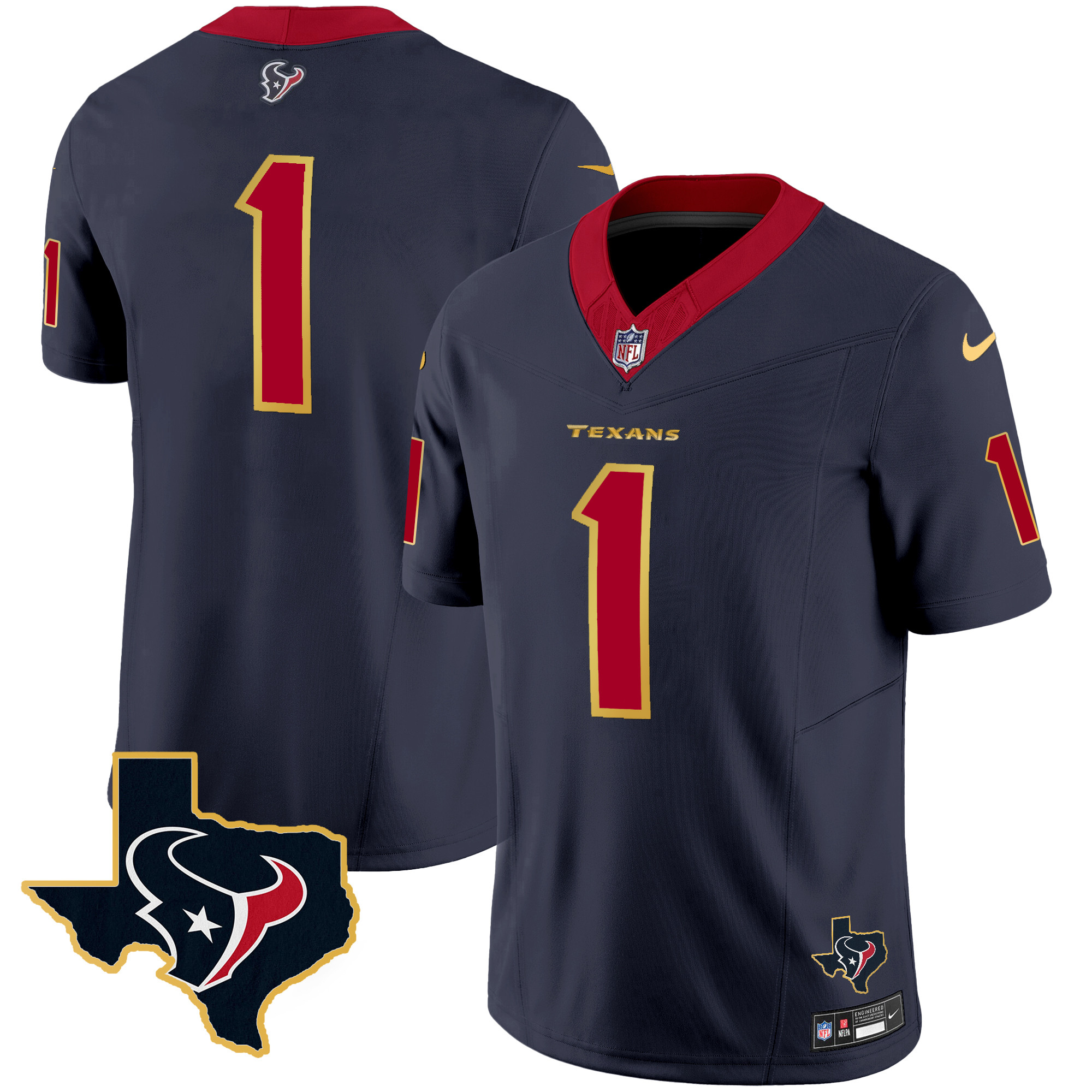 #1 Team Men's Houston Texans Gold Trim Vapor Navy Jersey - All Stitched 