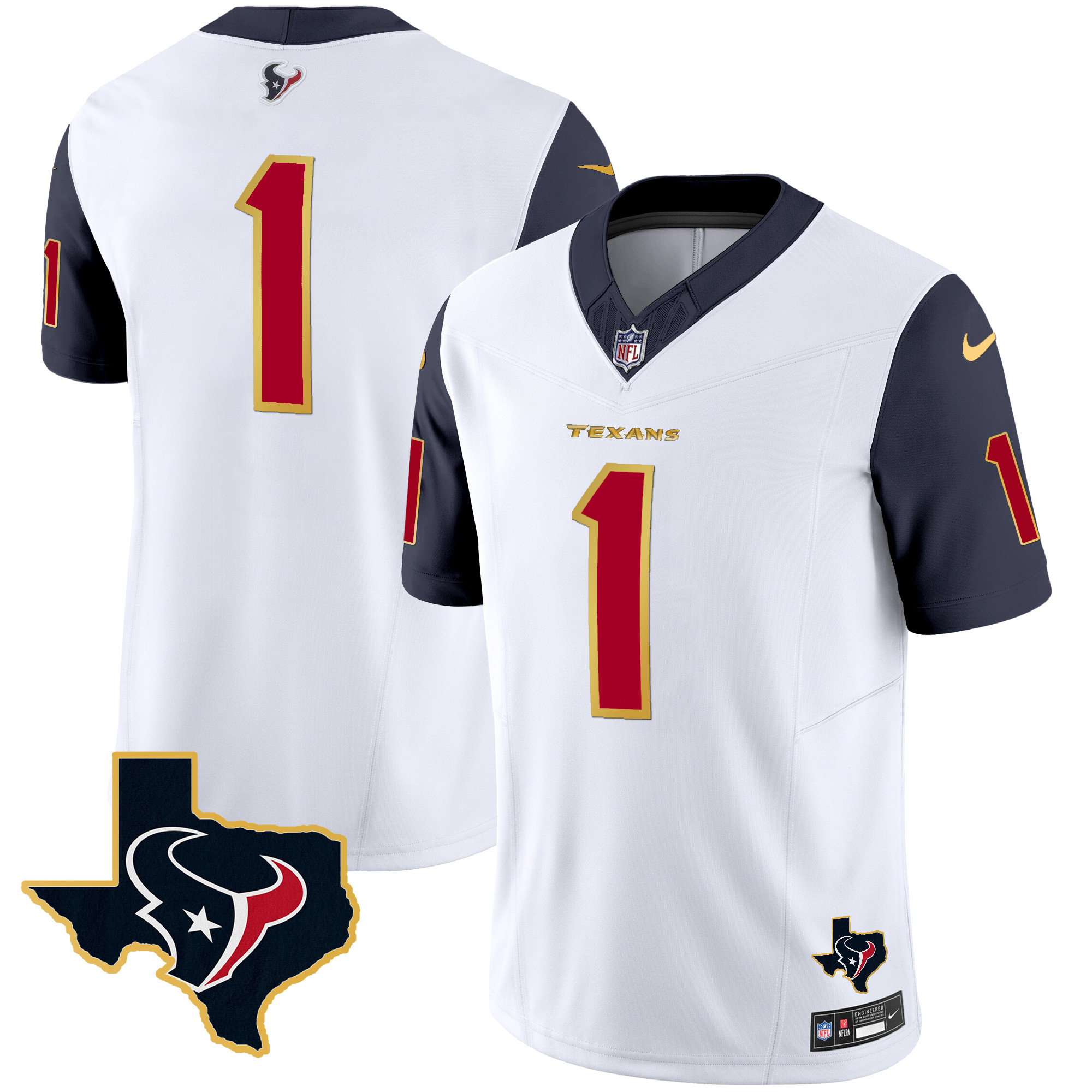 #1 Team Men's Houston Texans Gold Trim Vapor Navy Sleeves Jersey - All Stitched 