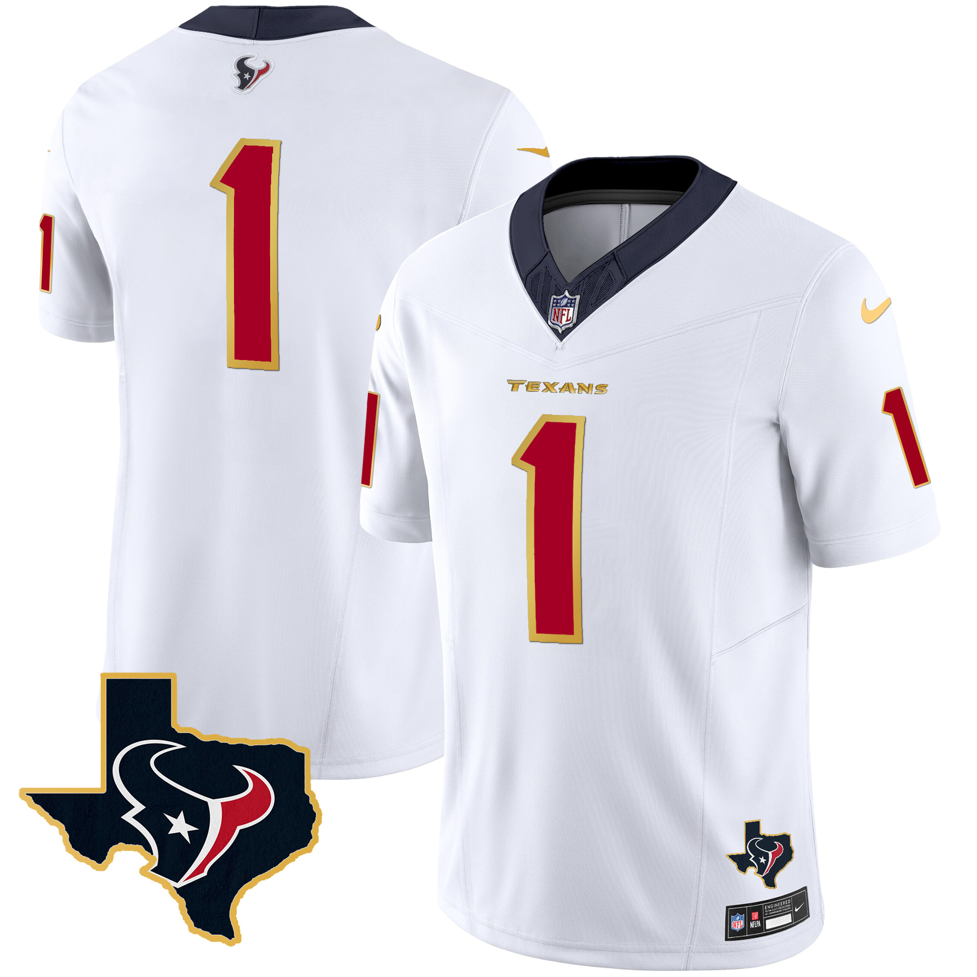 #1 Team Men's Houston Texans Gold Trim Vapor White Jersey - All Stitched 