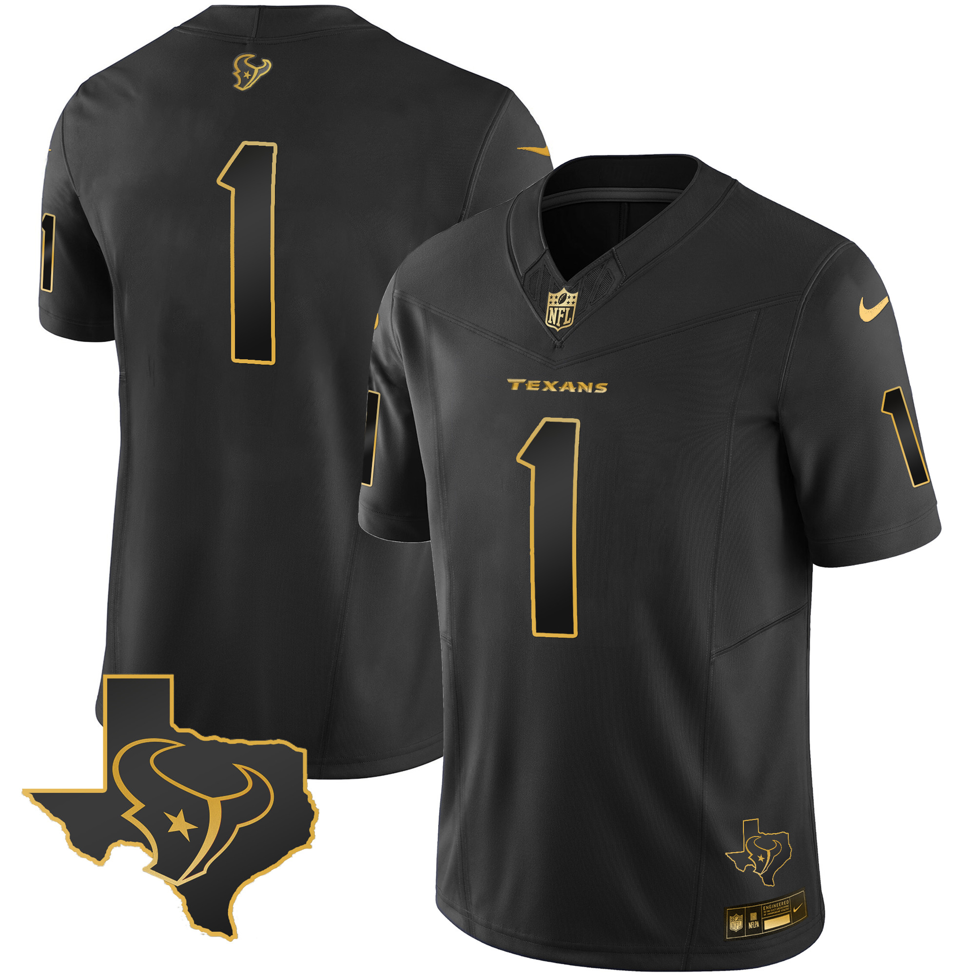 #1 Team Men's Houston Texans Gold Vapor Limited Black Gold Jersey - All Stitched 