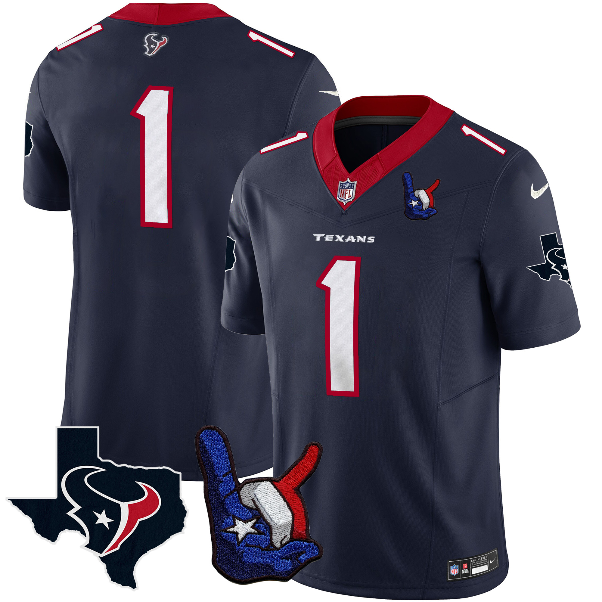 #1 Team Men's Houston Texans Hand Sign Throwing Up The H Vapor Navy Jersey - All Stitched 