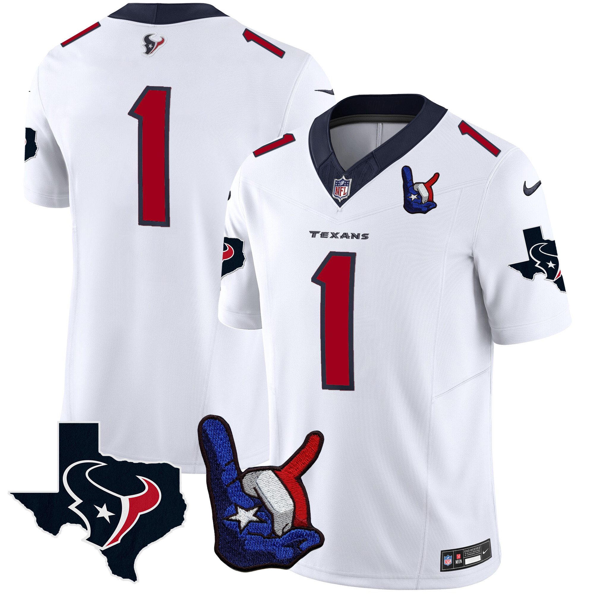 #1 Team Men's Houston Texans Hand Sign Throwing Up The H Vapor White Jersey - All Stitched 
