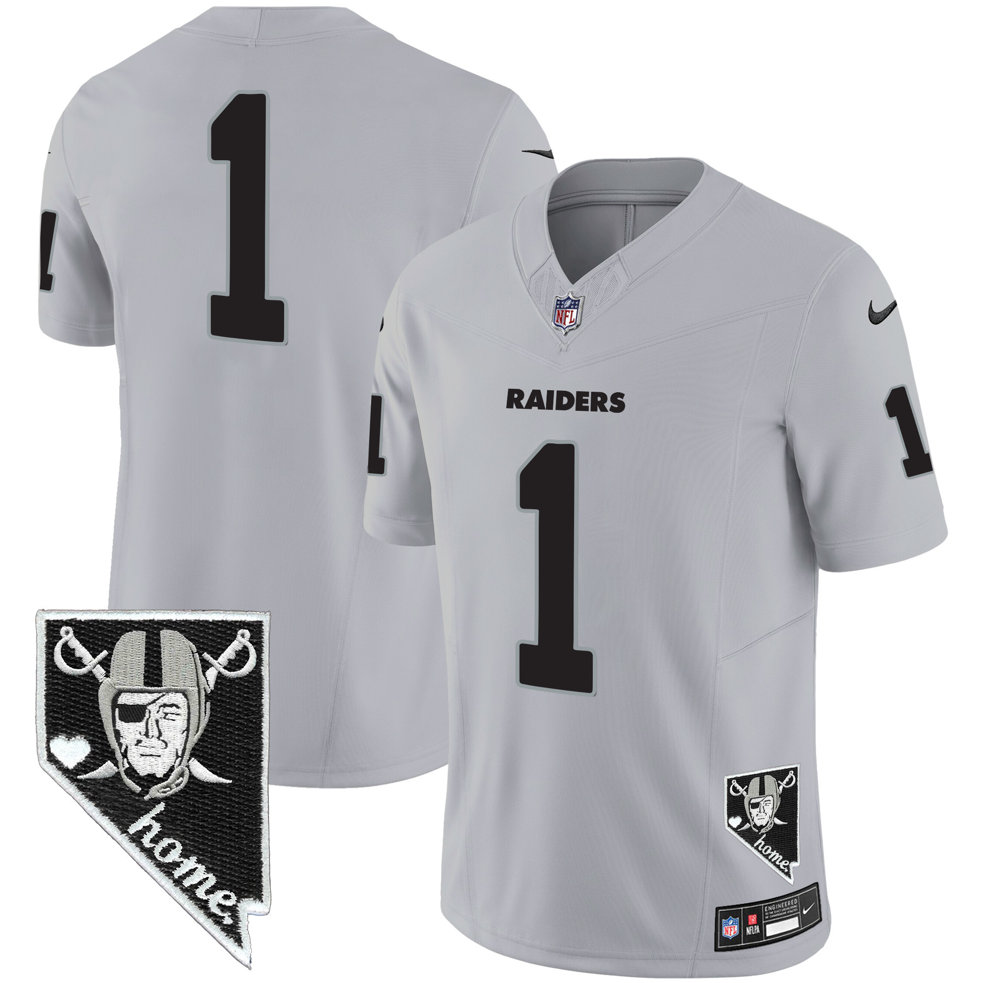 #1 Team Men's Las Vegas Raiders Nevada Home Patch Vapor Gray Jersey - All Stitched 