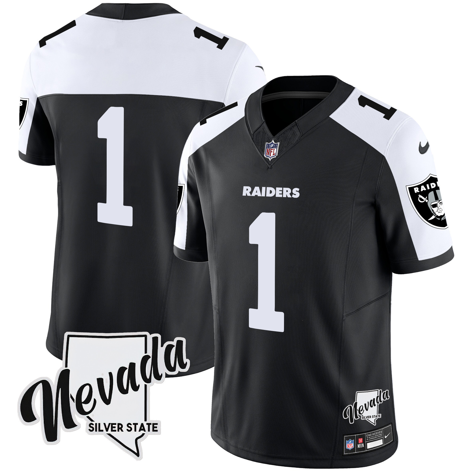 #1 Team Men's Las Vegas Raiders Nevada Silver State Patch Vapor Black Alternate Jersey - All Stitched 