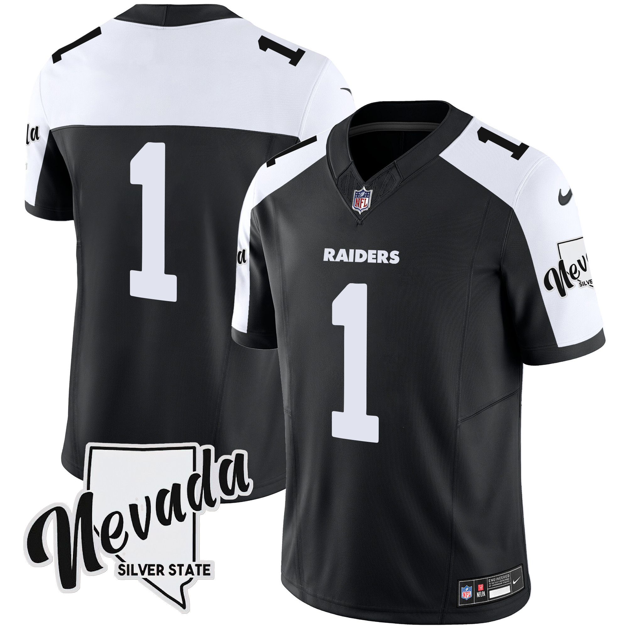 #1 Team Men's Las Vegas Raiders Nevada Silver State Patch Vapor Black Alternate Jersey - All Stitched 