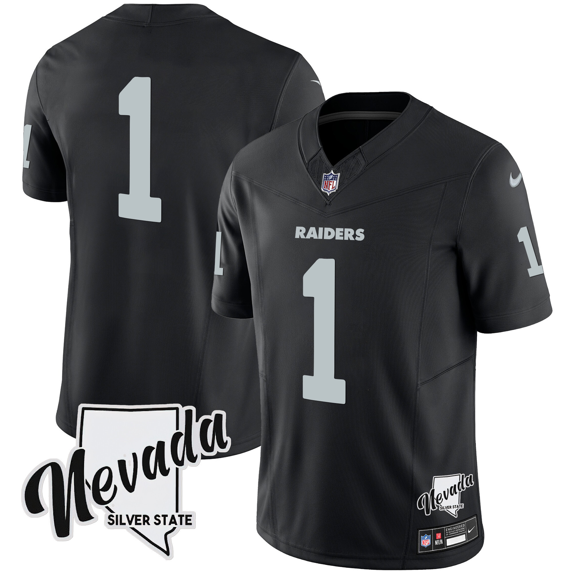 #1 Team Men's Las Vegas Raiders Nevada Silver State Patch Vapor Black Jersey - All Stitched 