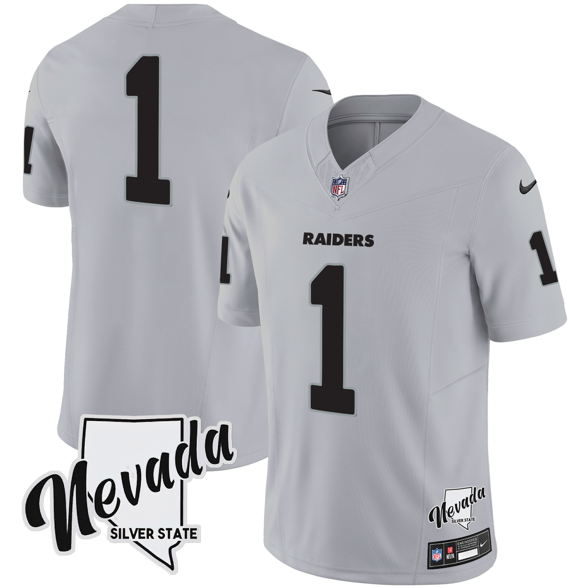 #1 Team Men's Las Vegas Raiders Nevada Silver State Patch Vapor Gray Jersey - All Stitched 