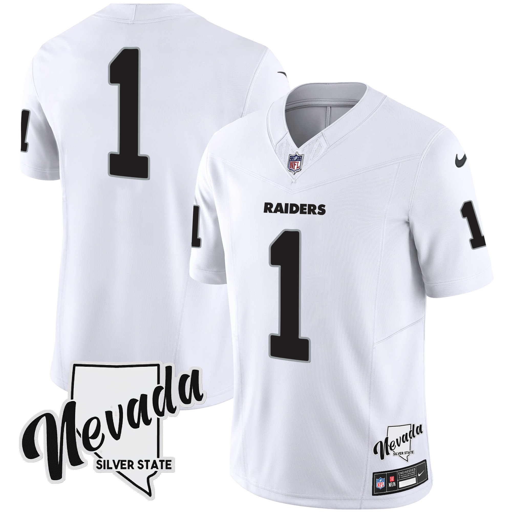 #1 Team Men's Las Vegas Raiders Nevada Silver State Patch Vapor White Jersey - All Stitched 