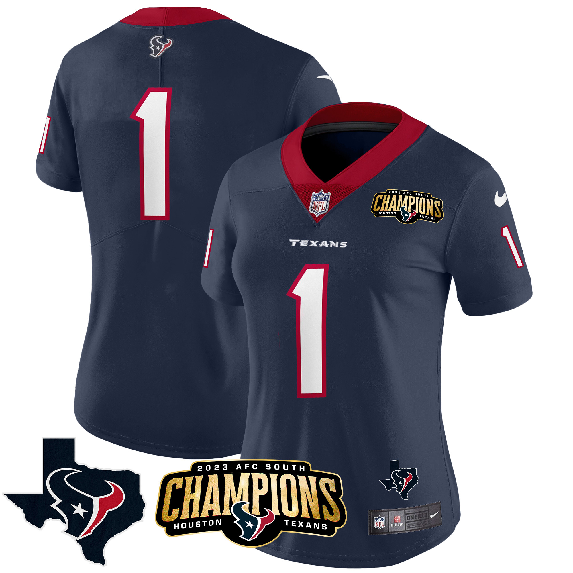 #1 Team Women's Houston Texans 2023 AFC South Champions Patch Vapor Navy Jersey - All Stitched 