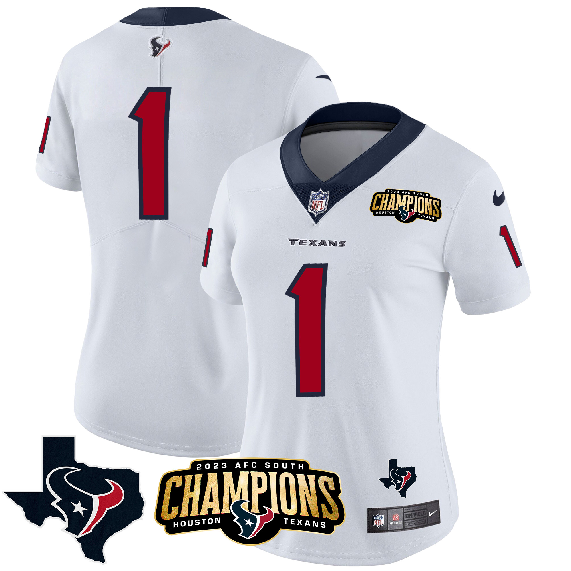 #1 Team Women's Houston Texans 2023 AFC South Champions Patch Vapor White Jersey - All Stitched 