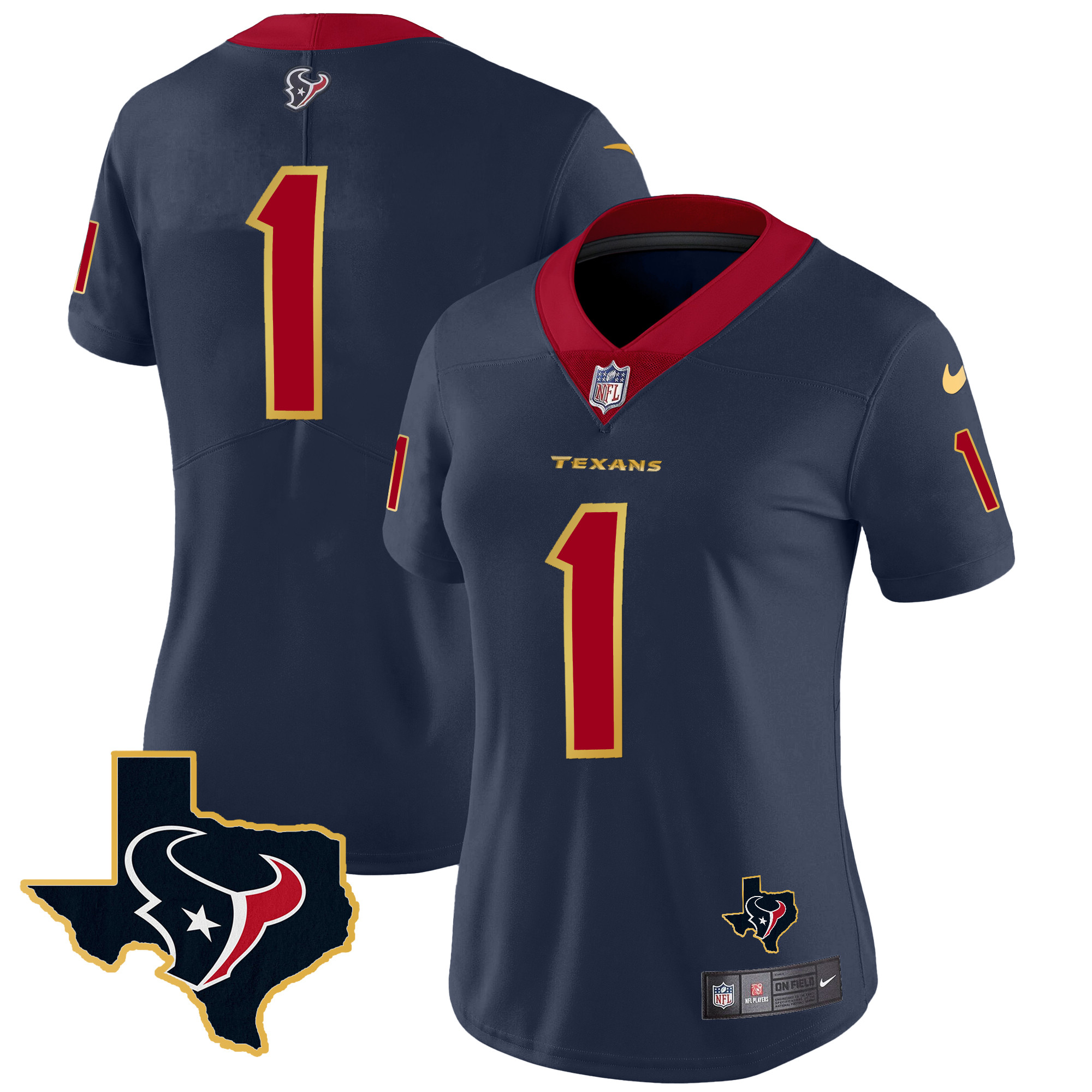 #1 Team Women's Houston Texans Gold Trim Vapor Navy Jersey - All Stitched 