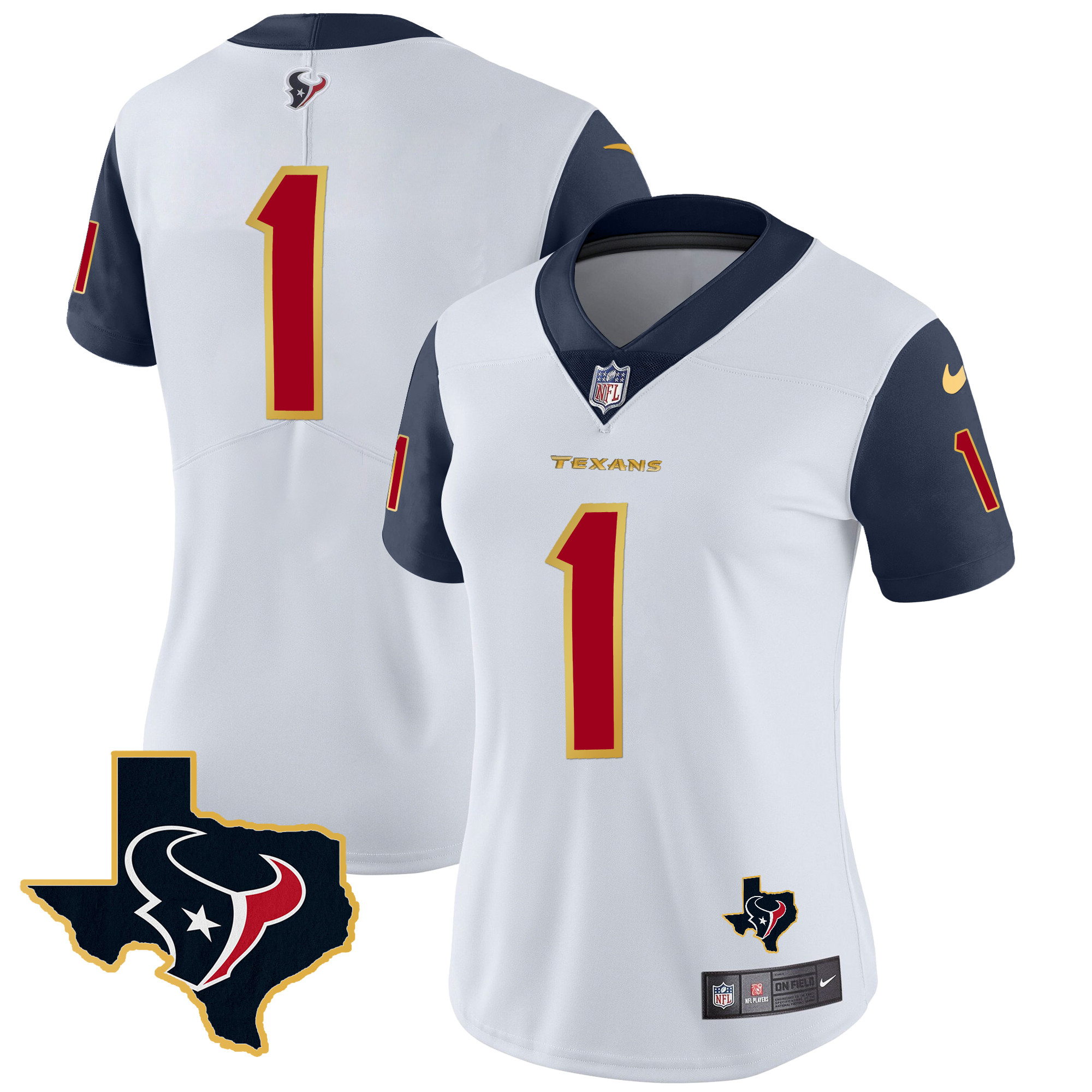 #1 Team Women's Houston Texans Gold Trim Vapor Navy Sleeves Jersey - All Stitched 