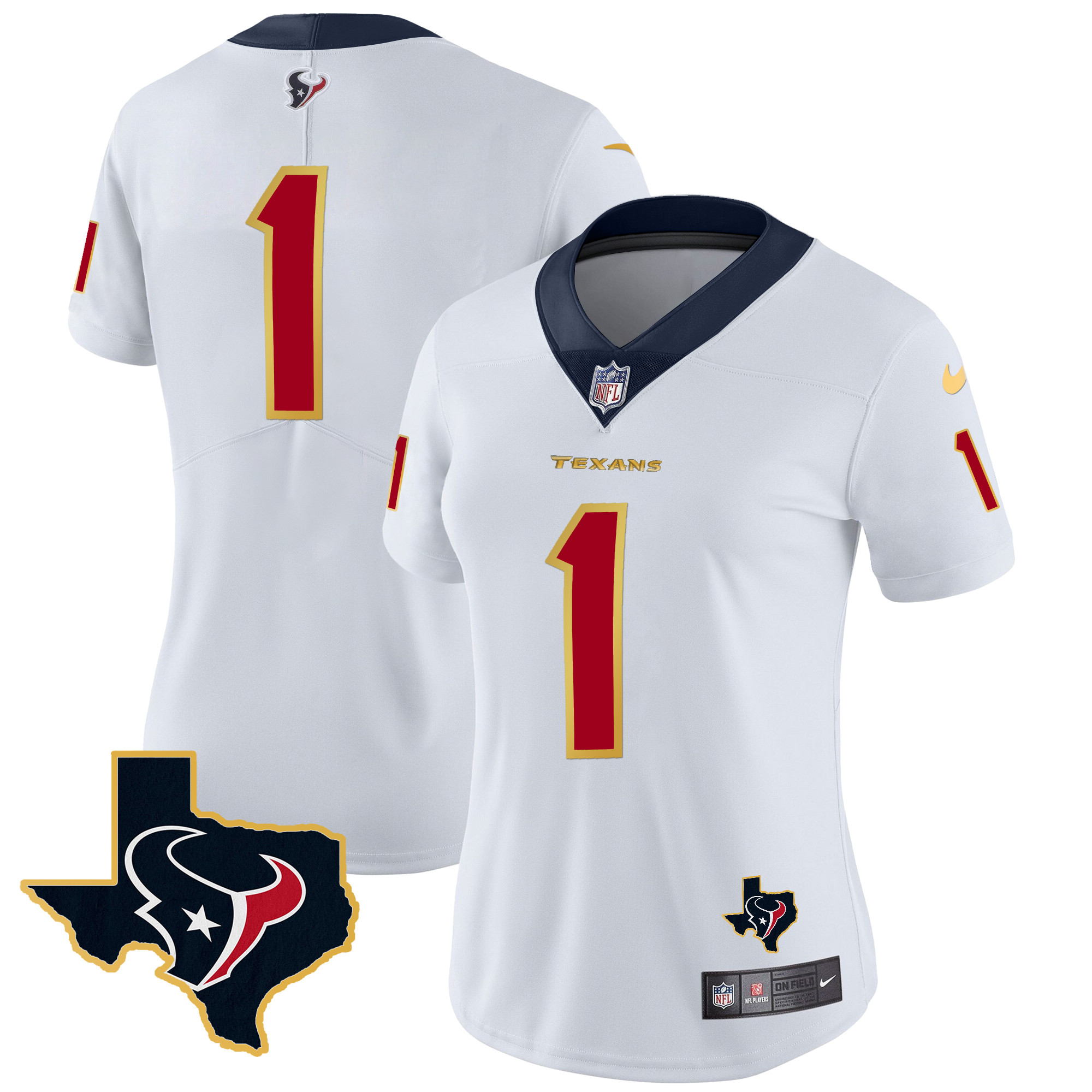 #1 Team Women's Houston Texans Gold Trim Vapor White Jersey - All Stitched 