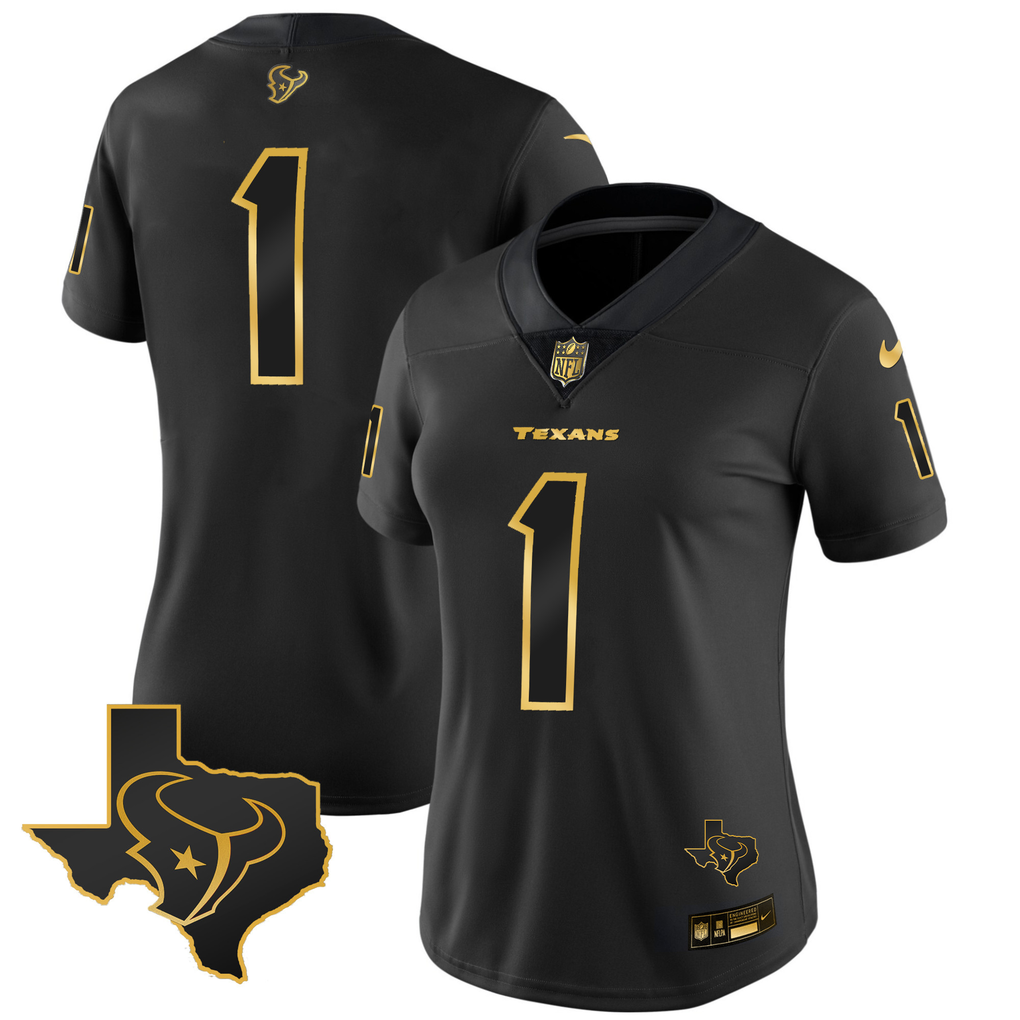#1 Team Women's Houston Texans Gold Vapor Limited Black Gold Jersey - All Stitched 