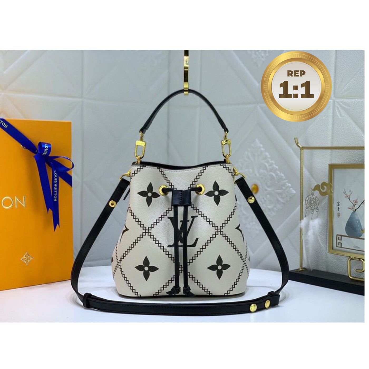 [REP 1:1] Louis Vuitton NeoNoe Monogram Empreinte Creme Beige / Black For Women 10.2in/26cm