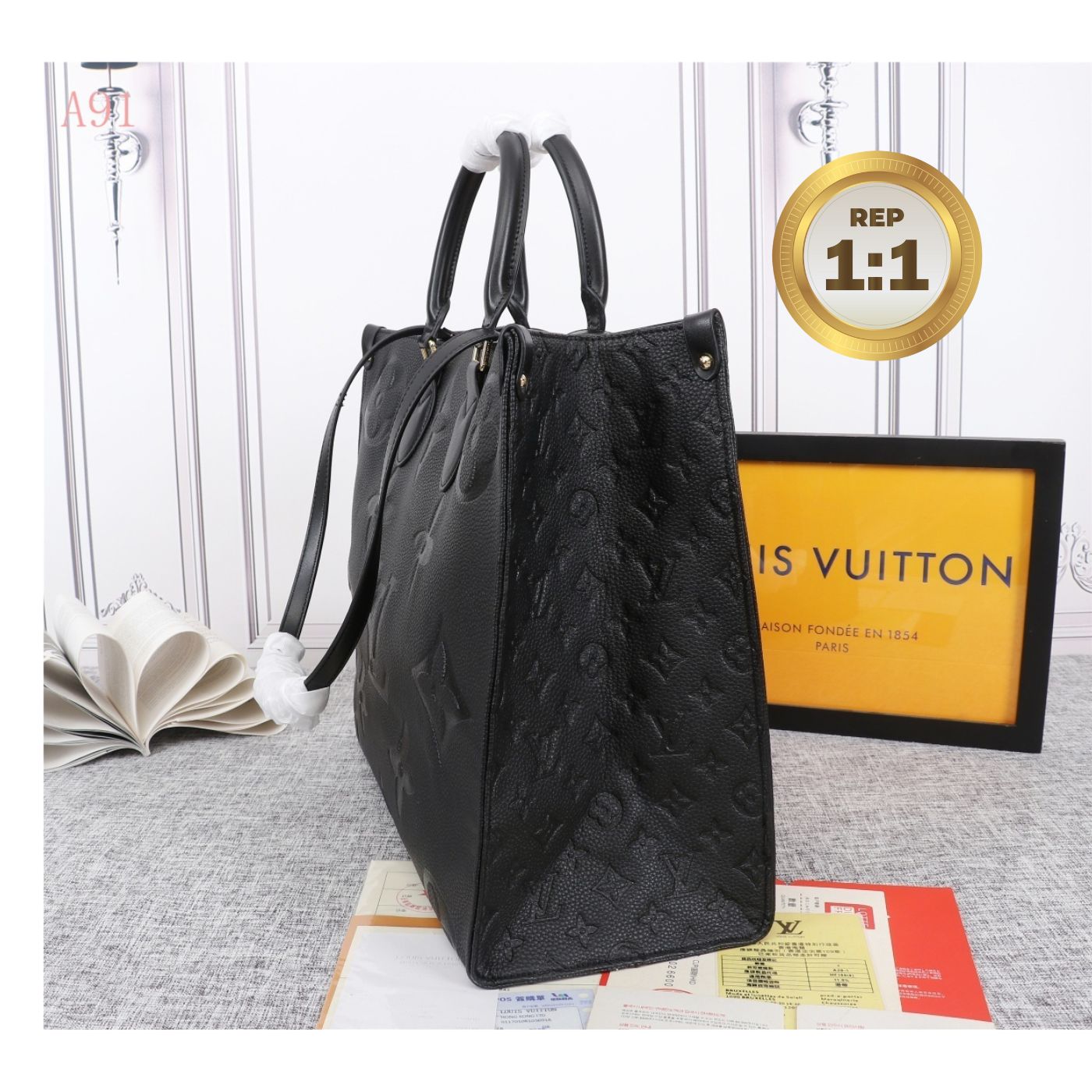[REP 1:1] Louis Vuitton Onthego MM Monogram Empreinte Tote Bag Black For Women 35cm