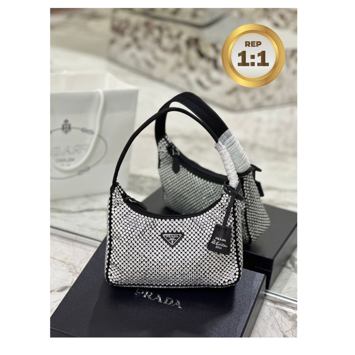 [REP 1:1] Prada Satin Mini-Bag With Crystals Silver For Women 8.6in/22cm 1BC515_2AWL_F0T7O_V_OOO