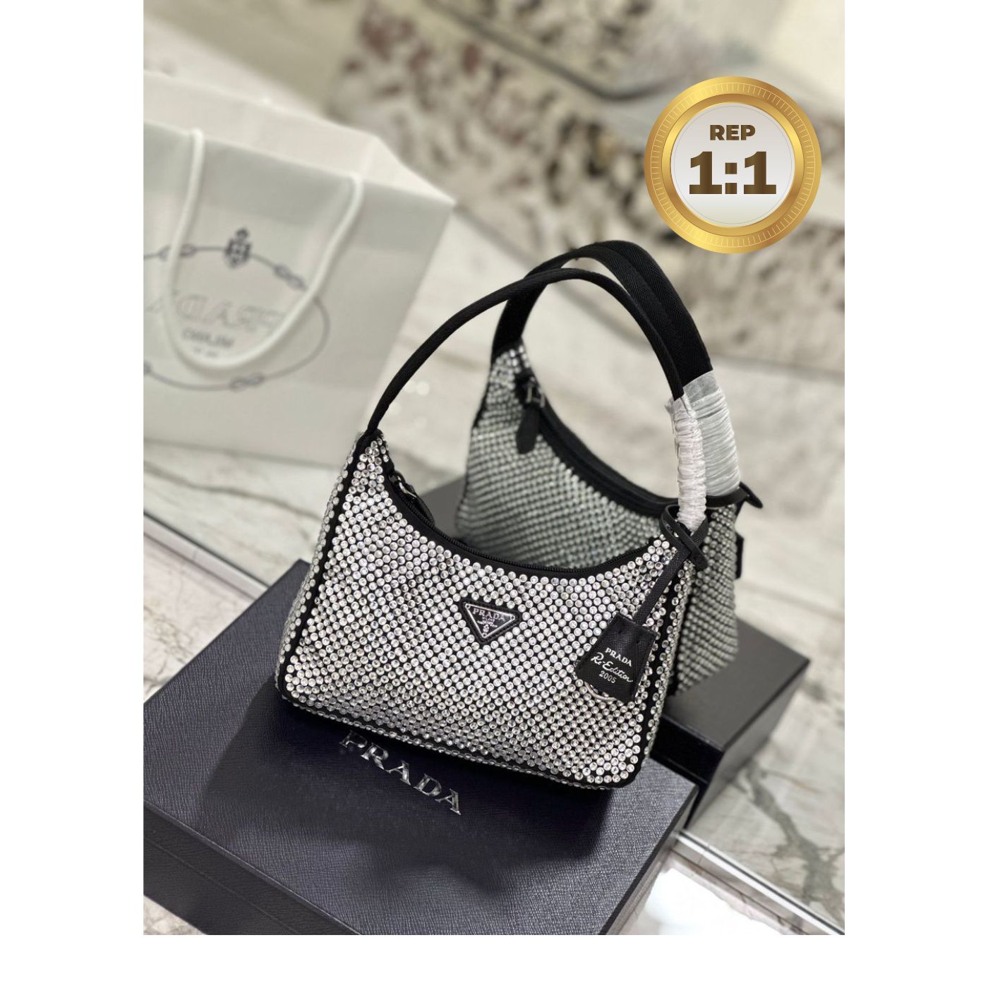[REP 1:1] Prada Satin Mini-Bag With Crystals Silver For Women 8.6in/22cm 1BC515_2AWL_F0T7O_V_OOO