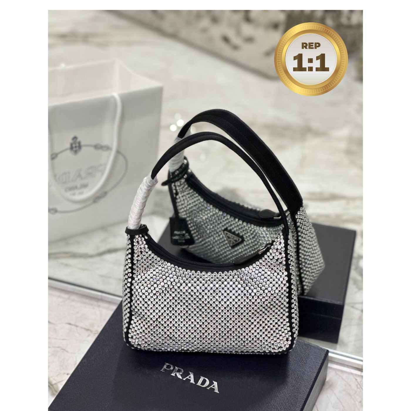 [REP 1:1] Prada Satin Mini-Bag With Crystals Silver For Women 8.6in/22cm 1BC515_2AWL_F0T7O_V_OOO