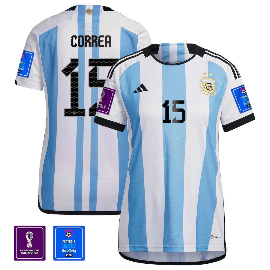 Ángel Correa 15 Argentina National Team 2022-23 Qatar World Cup Patch Home Women Soccer Jersey
