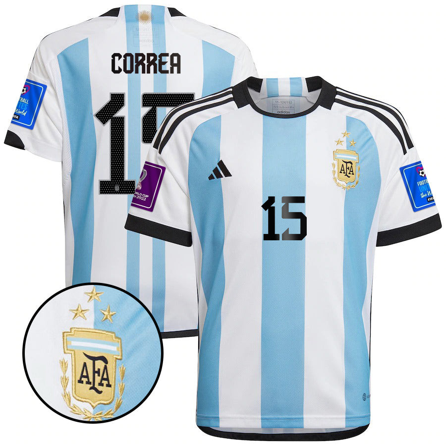 Ángel Correa 15 Argentina National Team Qatar World Cup 2022-23 Patch Home Soccer Jersey,