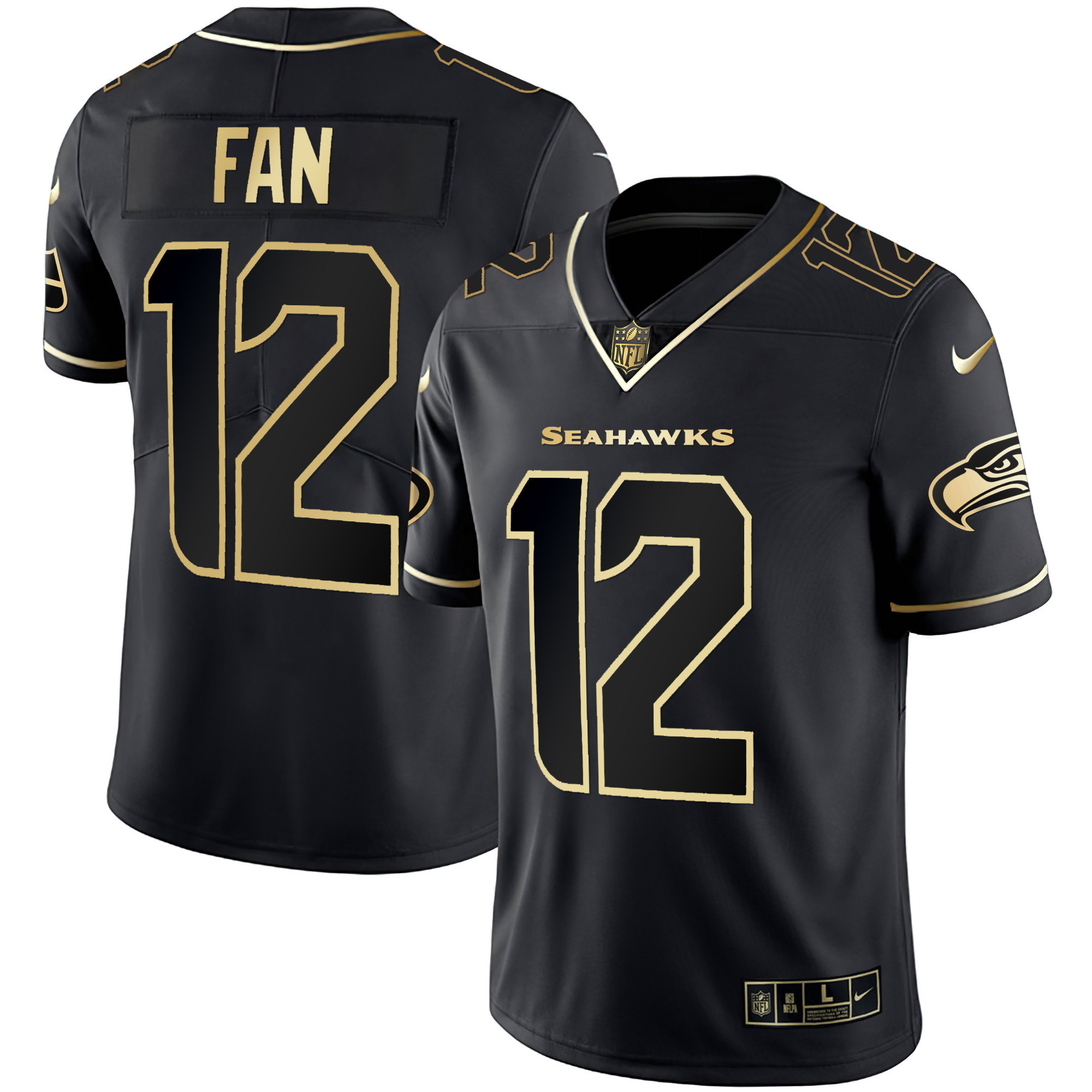12th Fan Men's Seattle Seahawks Gold Player Black Gold Jersey - All Stitched 