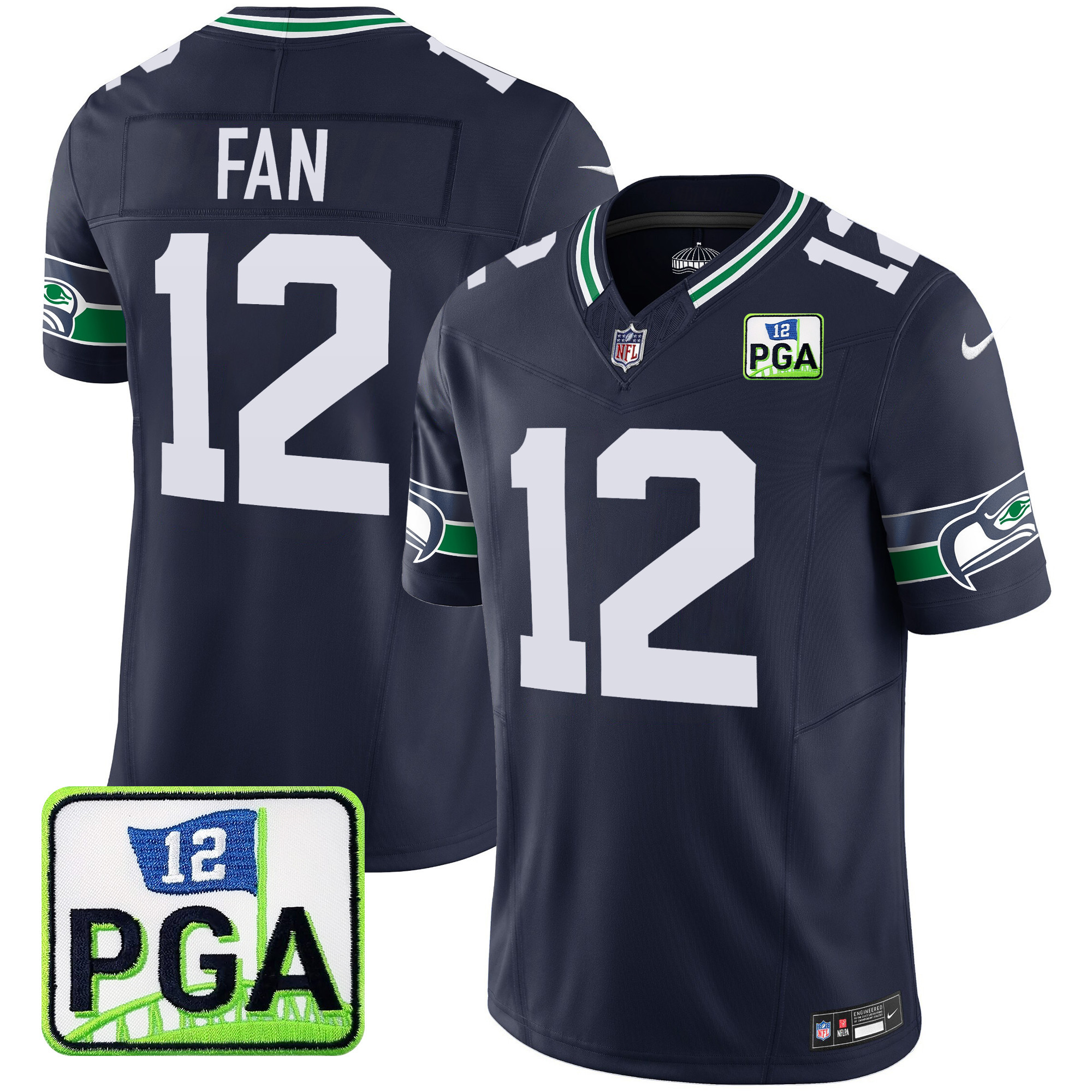 12th Fan Men's Seattle Seahawks PGA Patch Vapor Limited Navy Jersey - All Stitched 