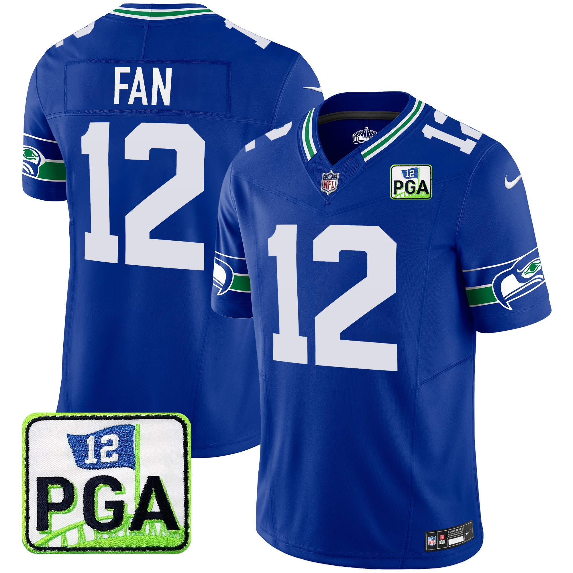 12th Fan Men's Seattle Seahawks PGA Patch Vapor Limited Royal Jersey - All Stitched 