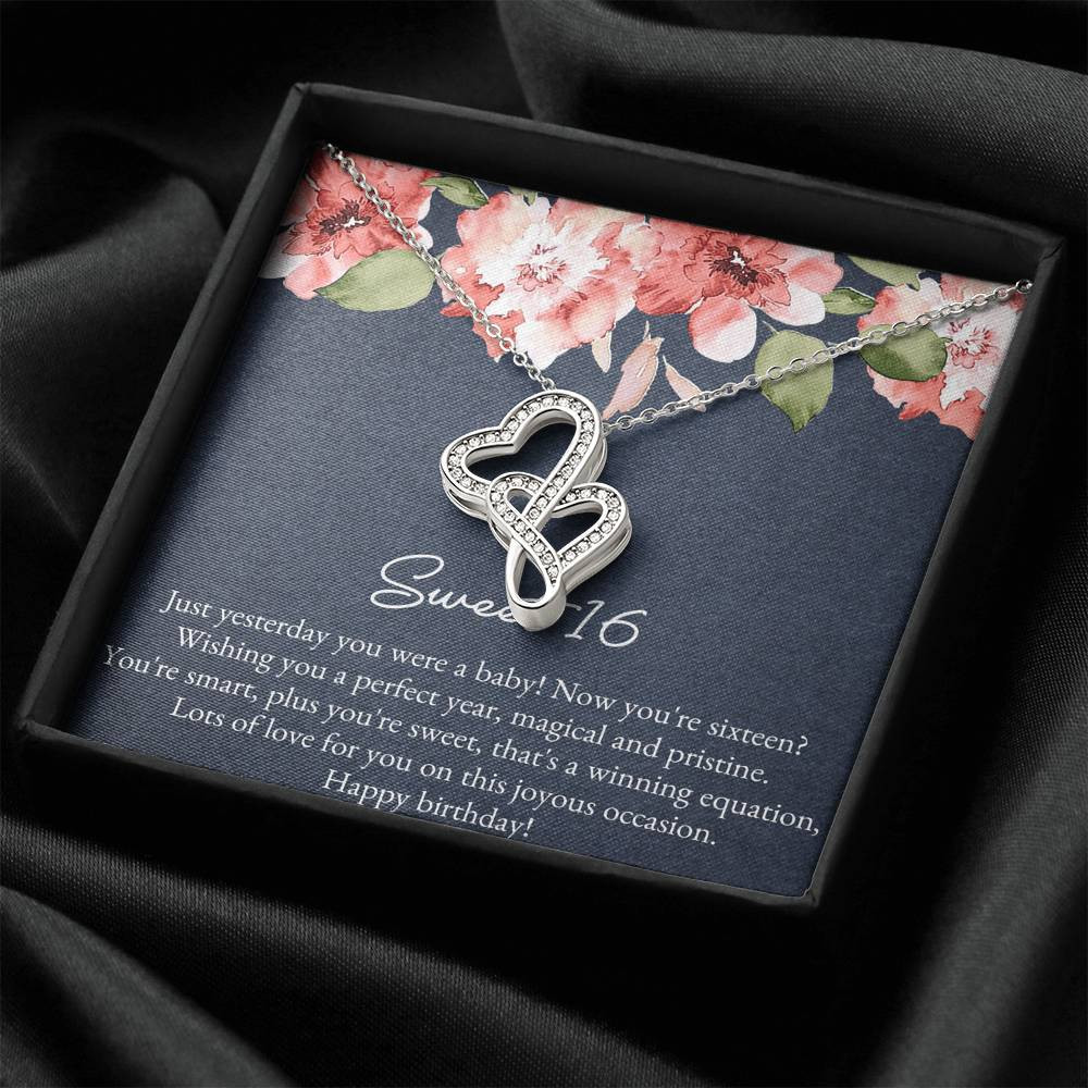 16th Birthday Gifts For Women, Yesterday You Were A Baby, Double Heart Necklace, Happy Birthday Message Card Jewelry For Daughter