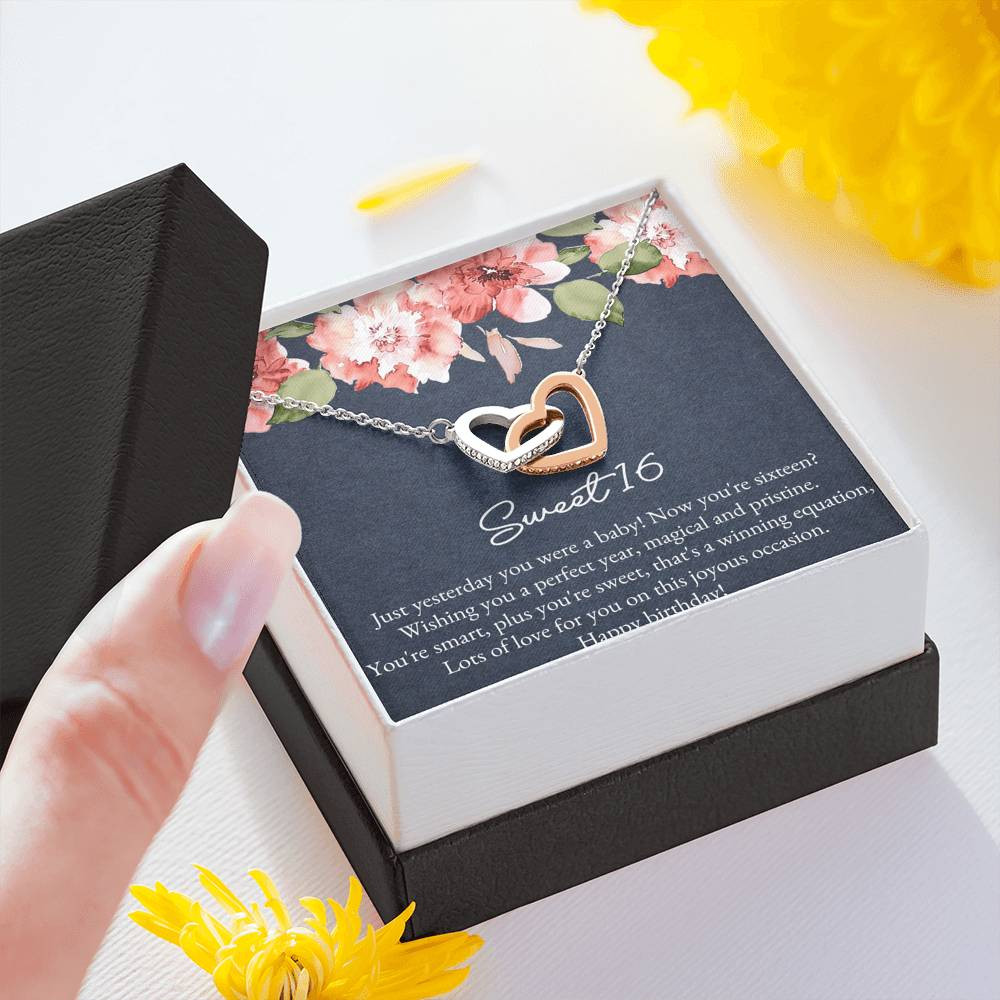 16th Birthday Gifts For Women, Yesterday You Were A Baby, Interlocking Heart Necklace, Happy Birthday Message Card Jewelry For Daughter