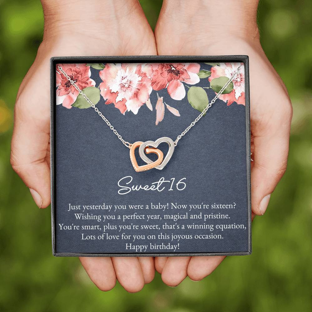 16th Birthday Gifts For Women, Yesterday You Were A Baby, Interlocking Heart Necklace, Happy Birthday Message Card Jewelry For Daughter