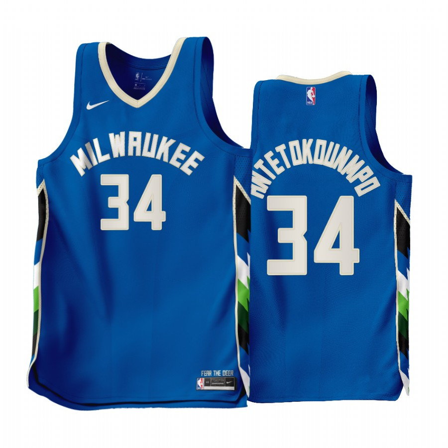 2022-23 Milwaukee Bucks Giannis Antetokounmpo 34 Blue City Edition Men Stitched Jersey