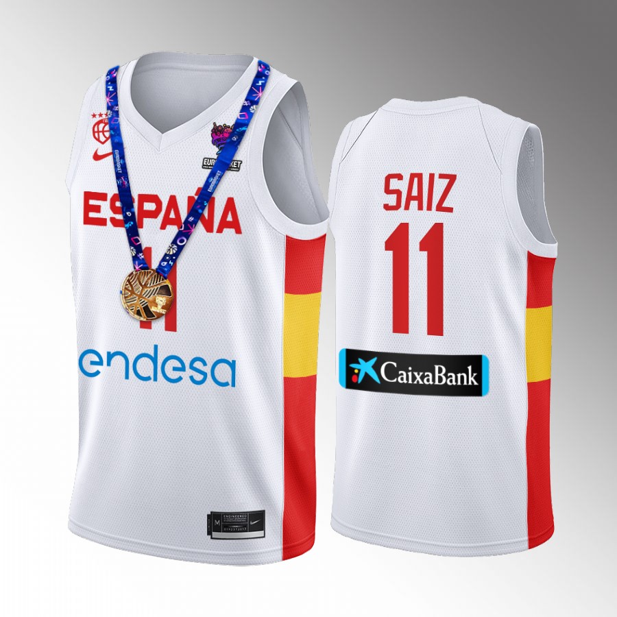 2022 FIBA EuroBasket Champions Spain #11 Sebas Saiz Men Jersey White Gold Medal